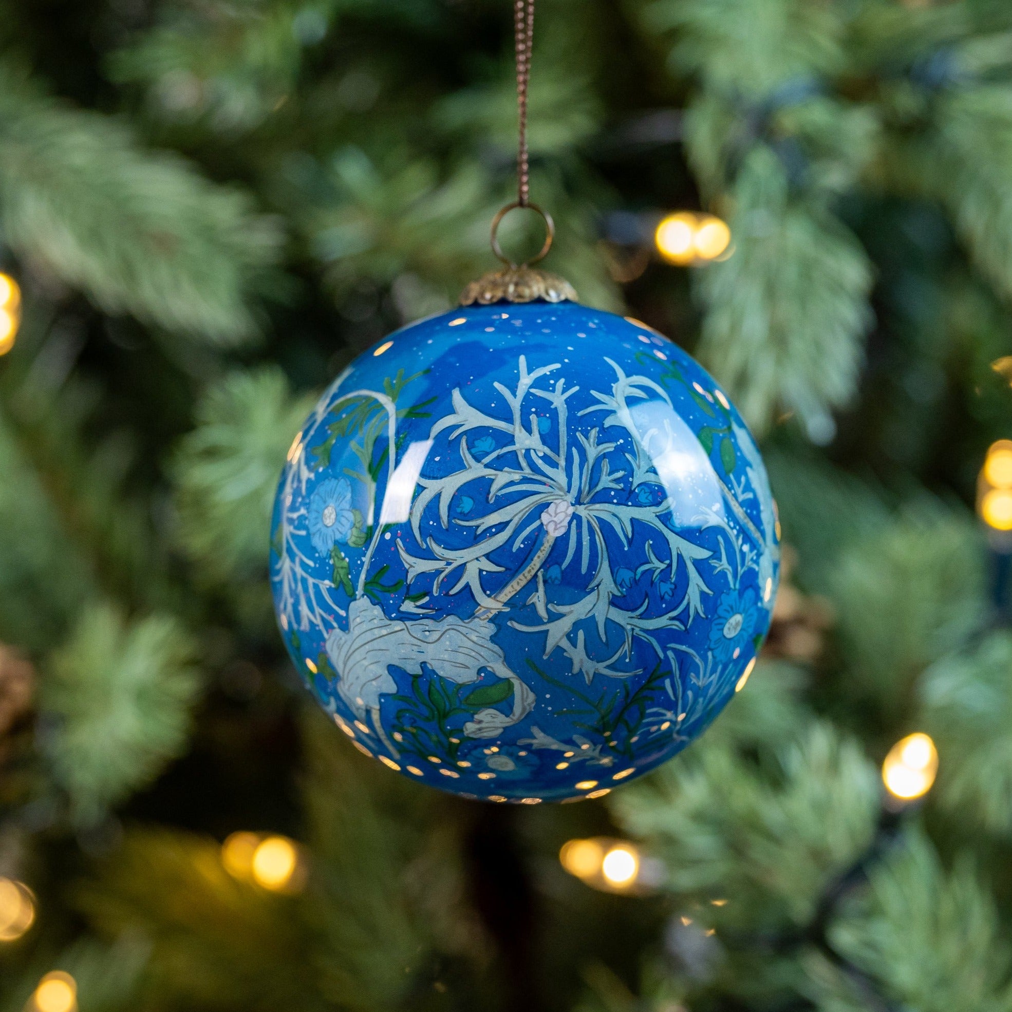 William Morris Inspired Seaweed Hand Painted Glass Christmas Bauble