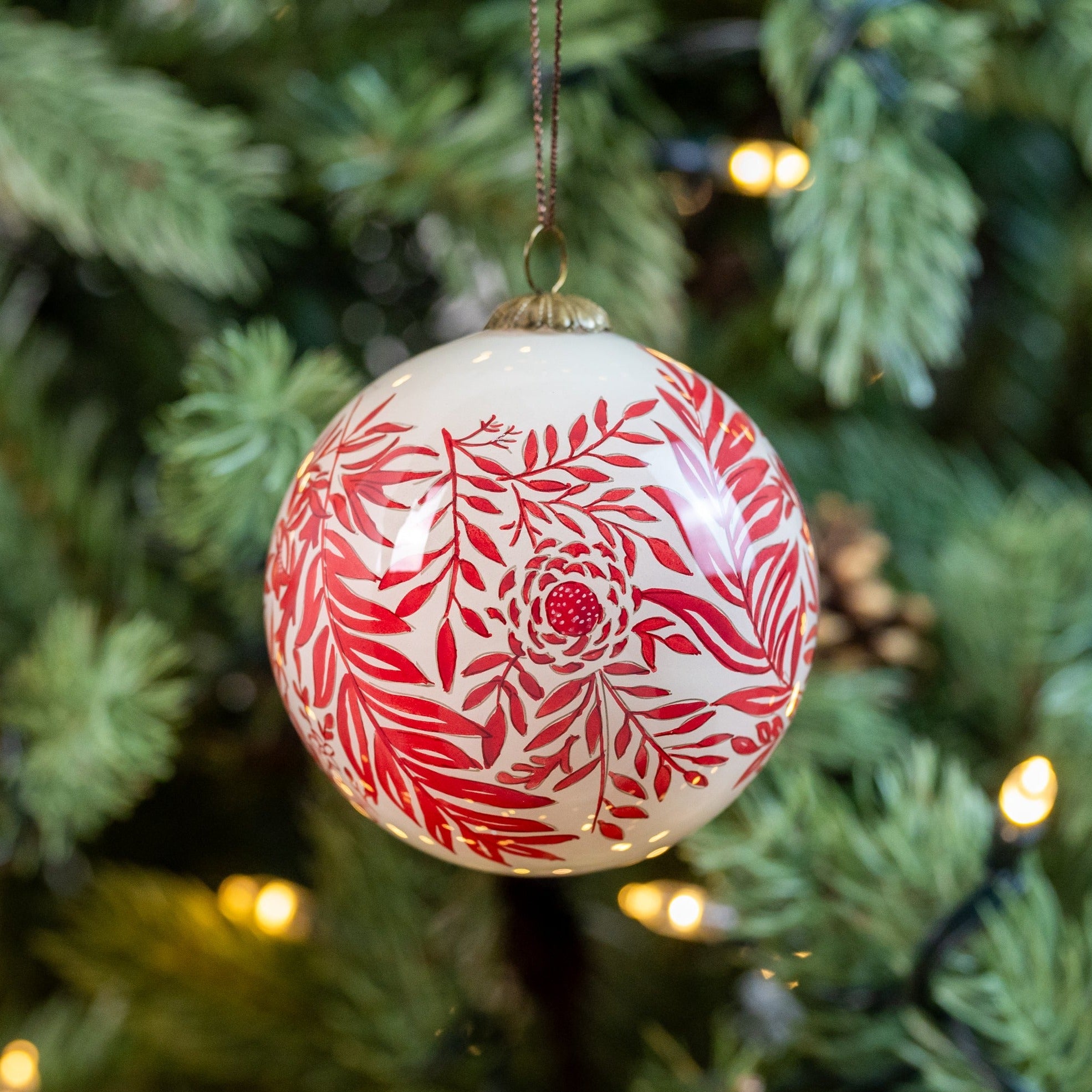 William Morris Inspired Red and Cream Hand Painted Glass Christmas Bauble
