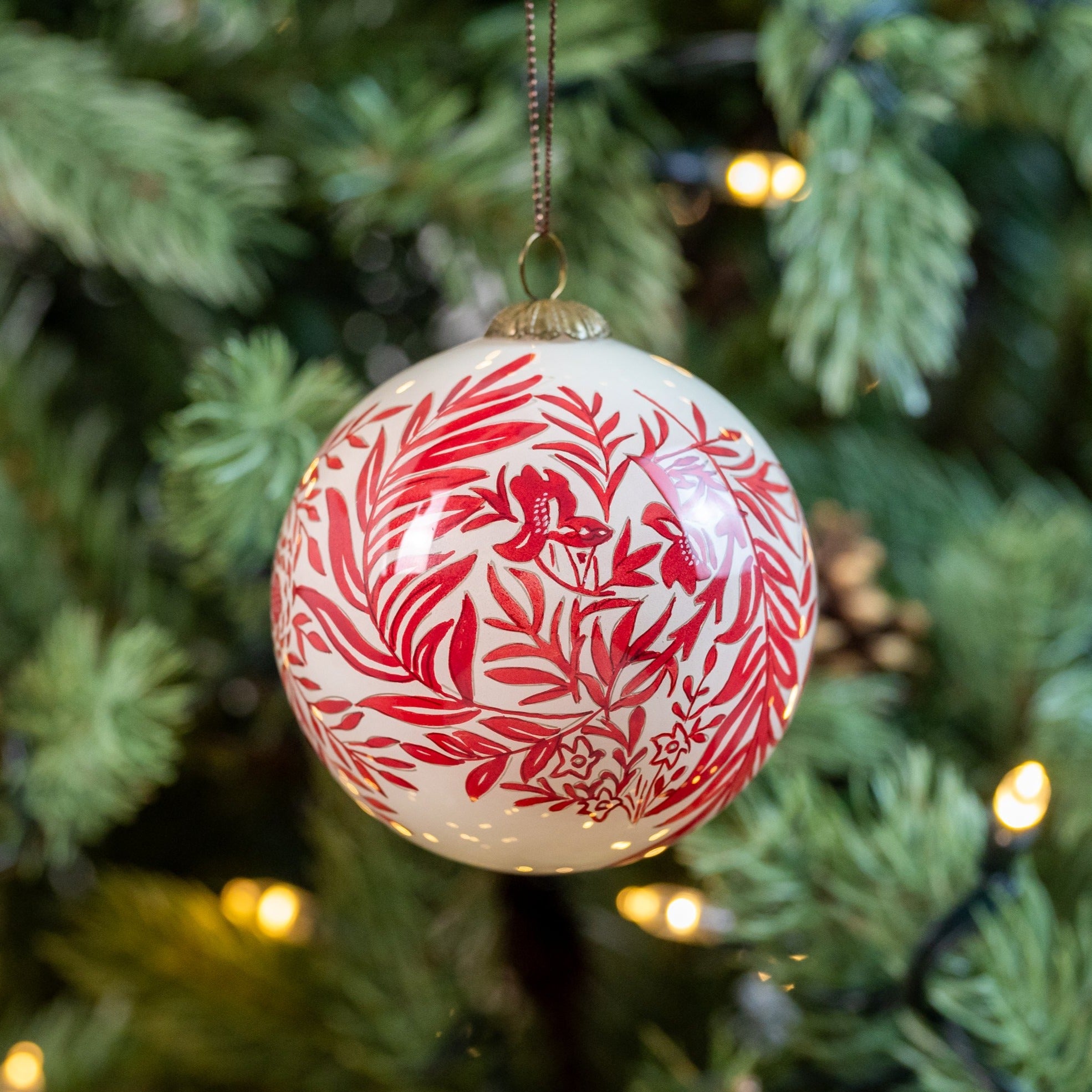 William Morris Inspired Red and Cream Hand Painted Glass Christmas Bauble