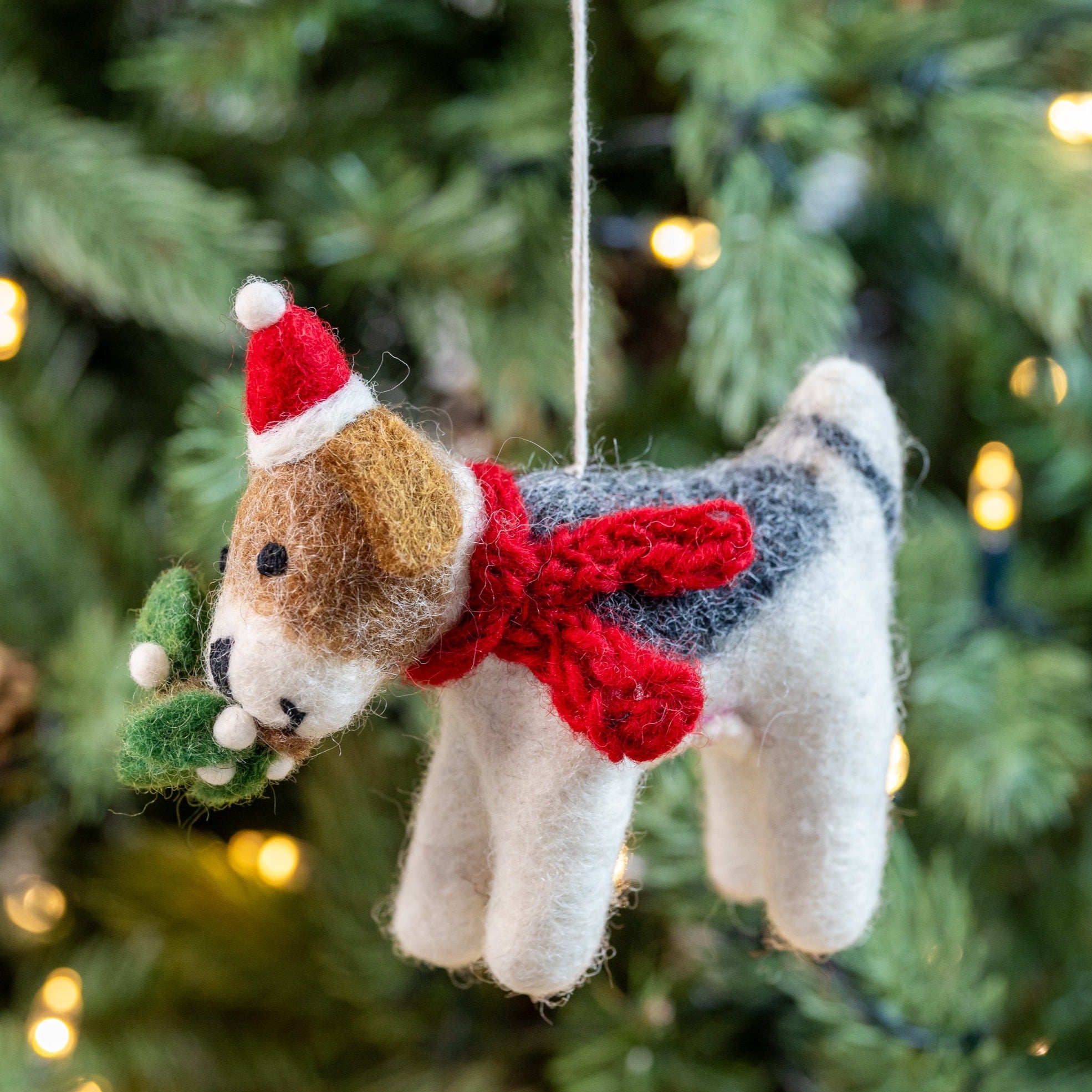 Side view of Fox Terrier with Mistletoe Sprig Felt Handmade Christmas Decoration