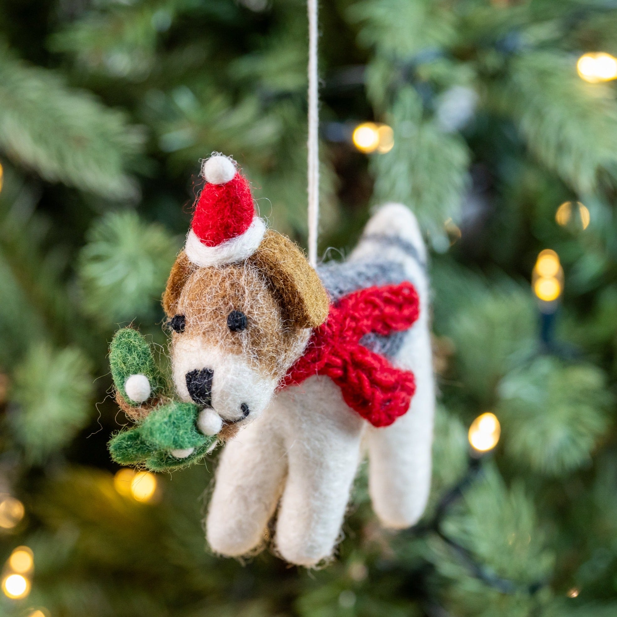 Front image of Fox Terrier with Mistletoe Sprig Felt Handmade Christmas Decoration