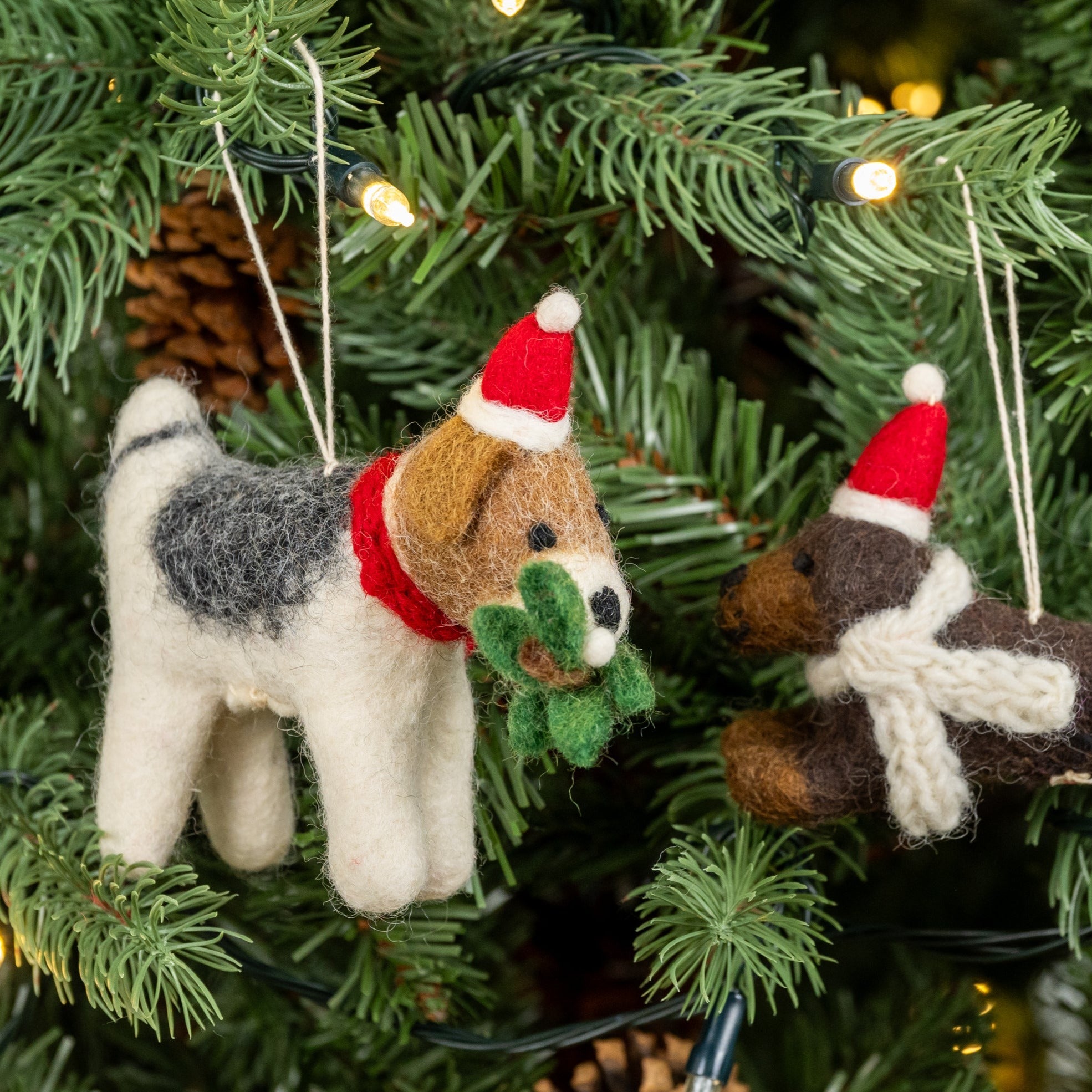 Side view of Fox Terrier with Mistletoe Sprig Felt Handmade Christmas Decoration