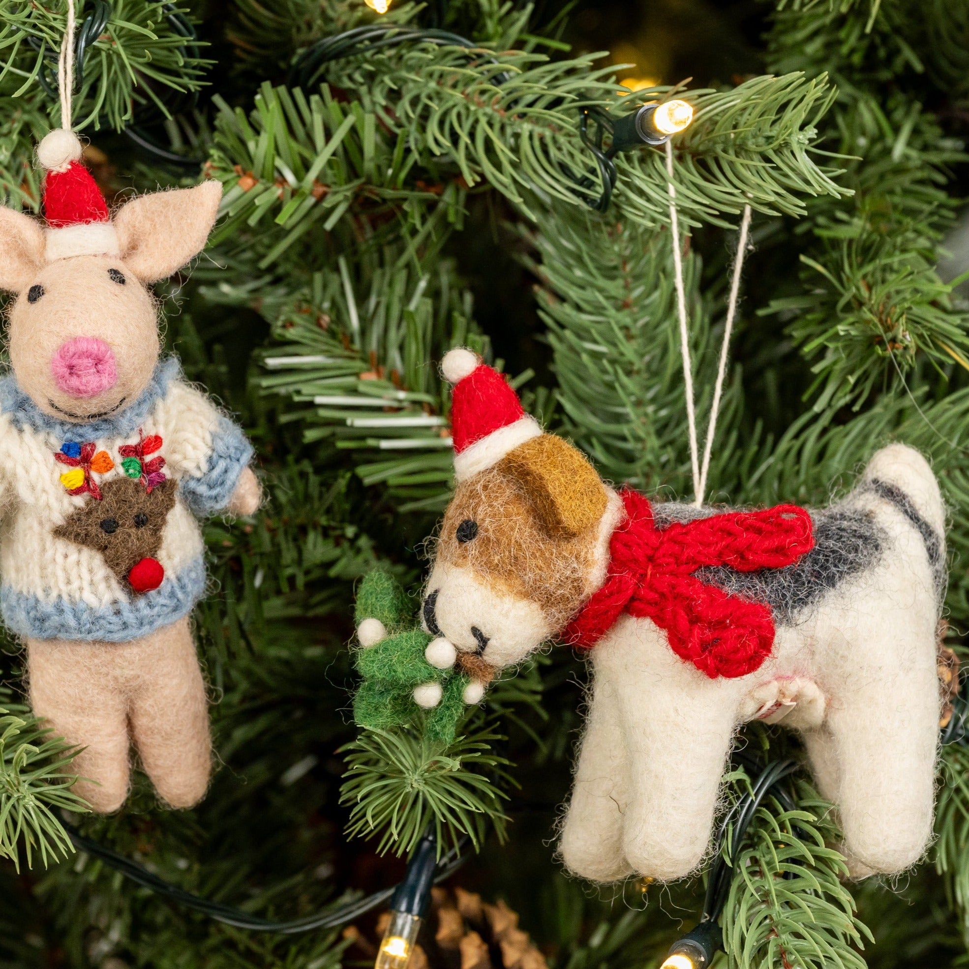 Side view of Fox Terrier with Mistletoe Sprig Felt Handmade Christmas Decoration