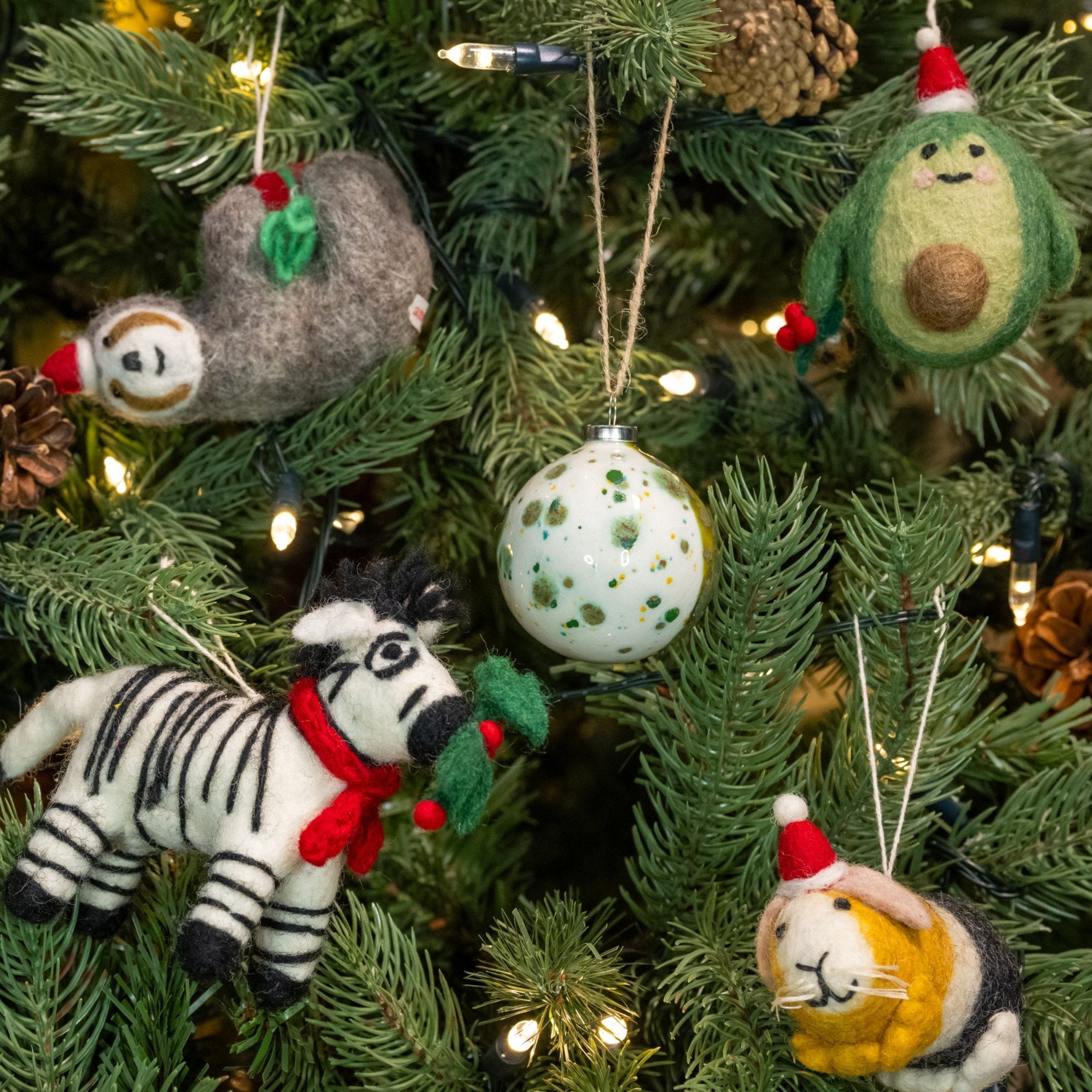 Group images of handmade felt Christmas decorations on a tree