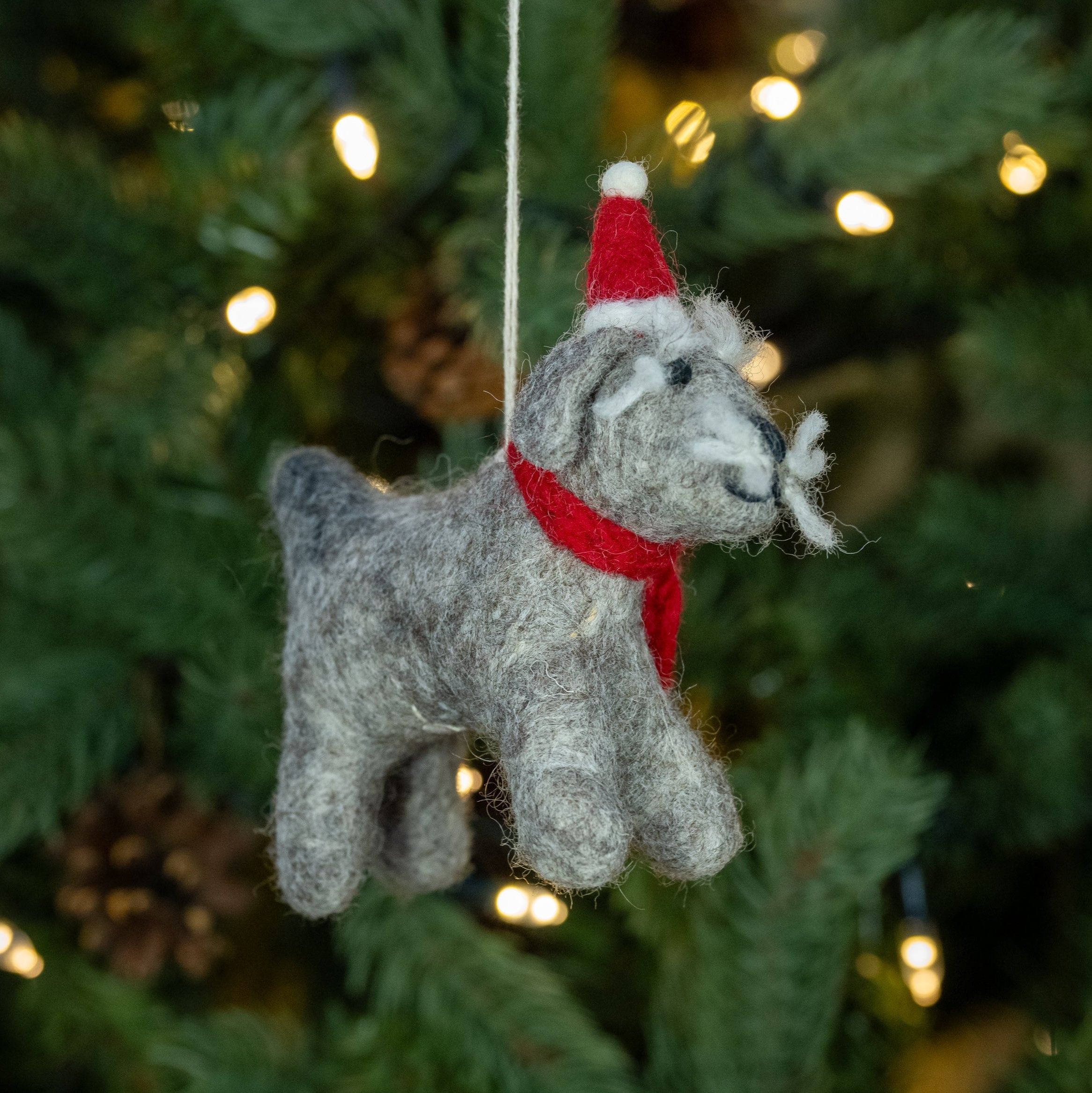 Side view of Schnauzer with Hat and Scarf, Handmade, Fairtrade Christmas Decoration