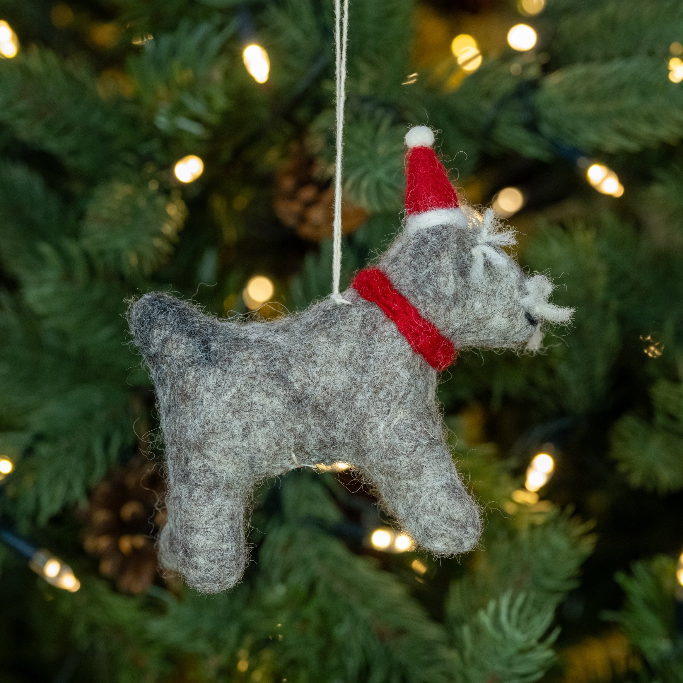 Side view of Schnauzer with Hat and Scarf, Handmade, Fairtrade Christmas Decoration