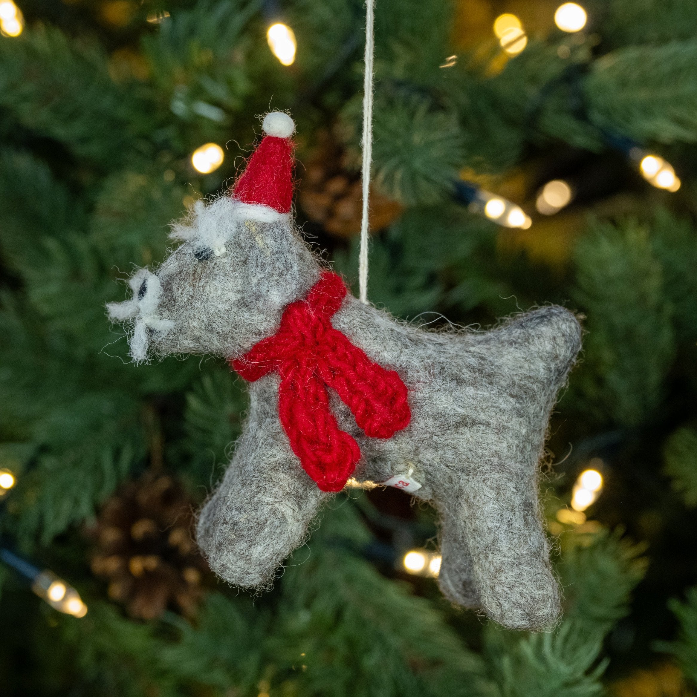 Side view of Schnauzer with Hat and Scarf, Handmade, Fairtrade Christmas Decoration