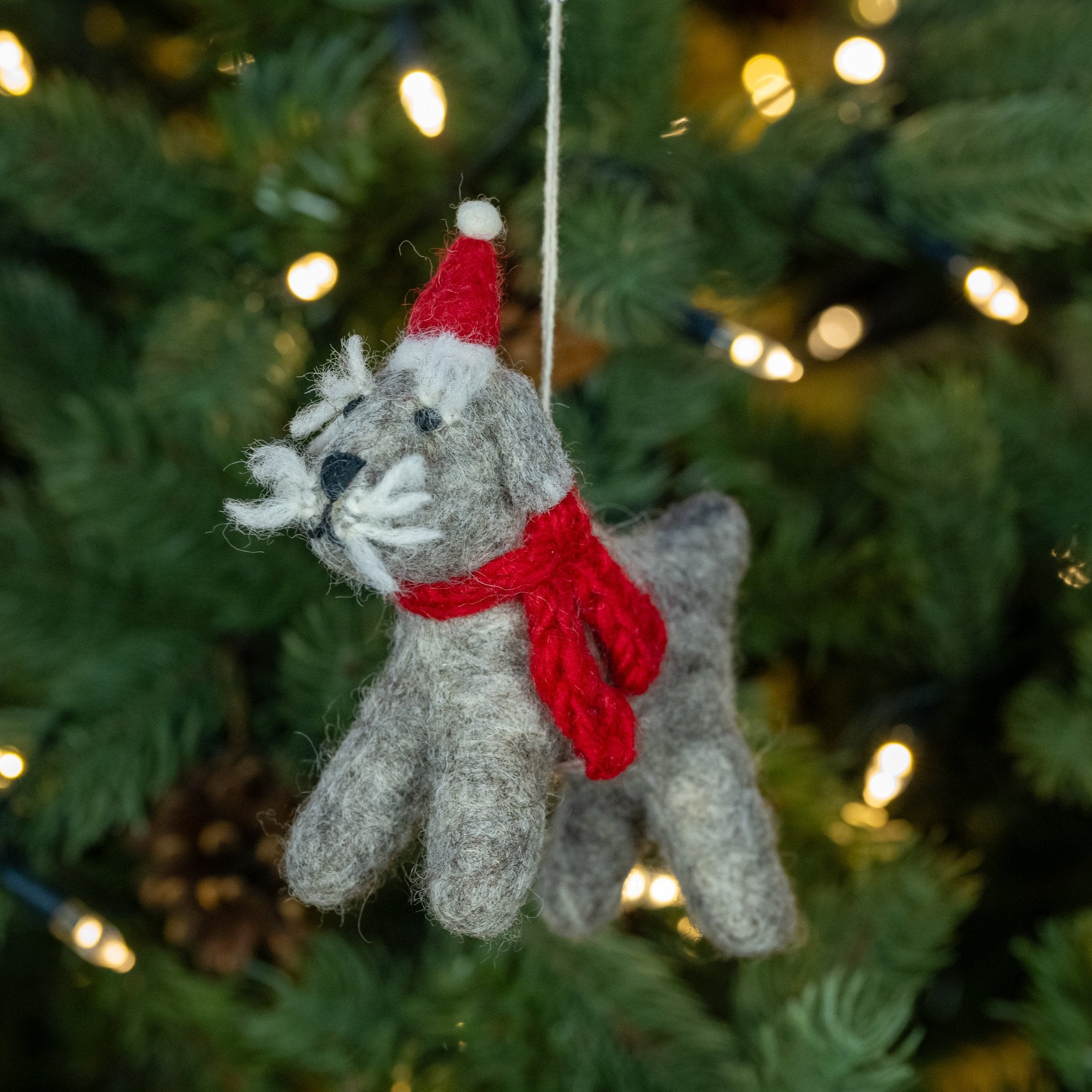 Front view of Schnauzer with Hat and Scarf, Handmade, Fairtrade Christmas Decoration