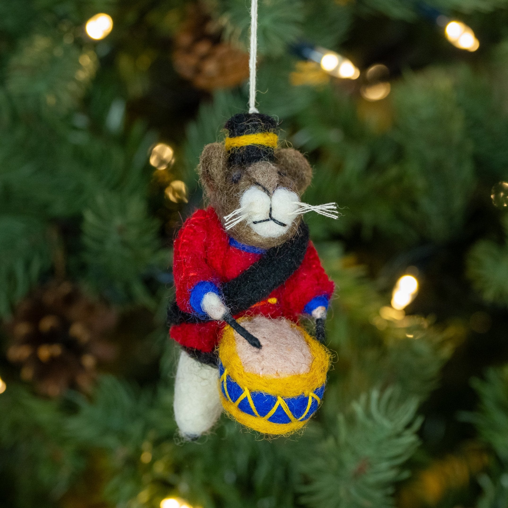 Front image of Drummer mouse drumming handmade felt Christmas decoration