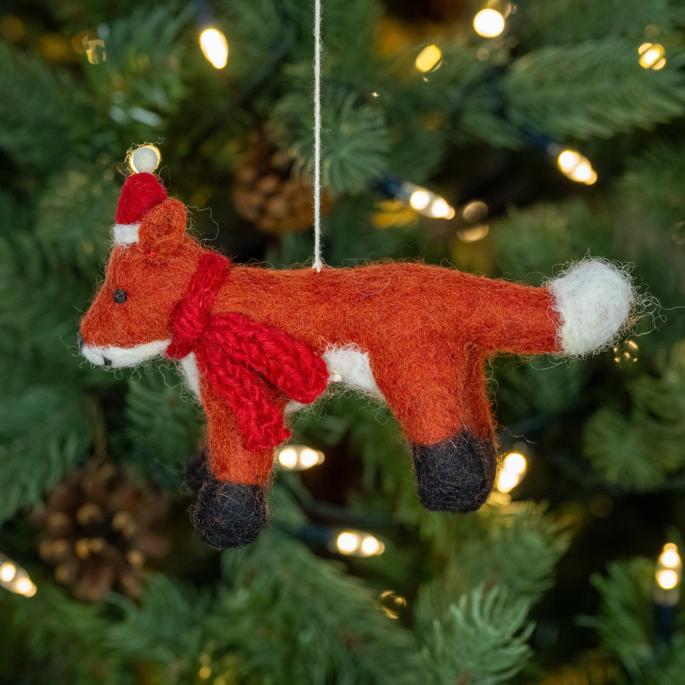 Side view of Fox with Hat and Scarf, Handmade, Fairtrade Christmas Decoration