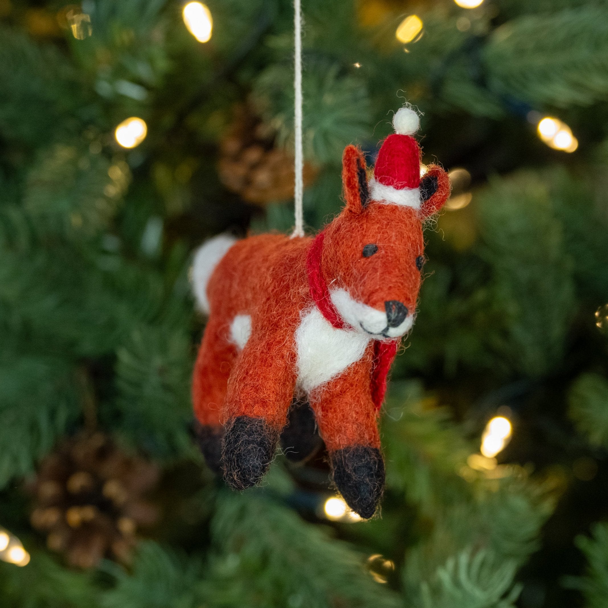 Front view of Fox with Hat and Scarf, Handmade, Fairtrade Christmas Decoration