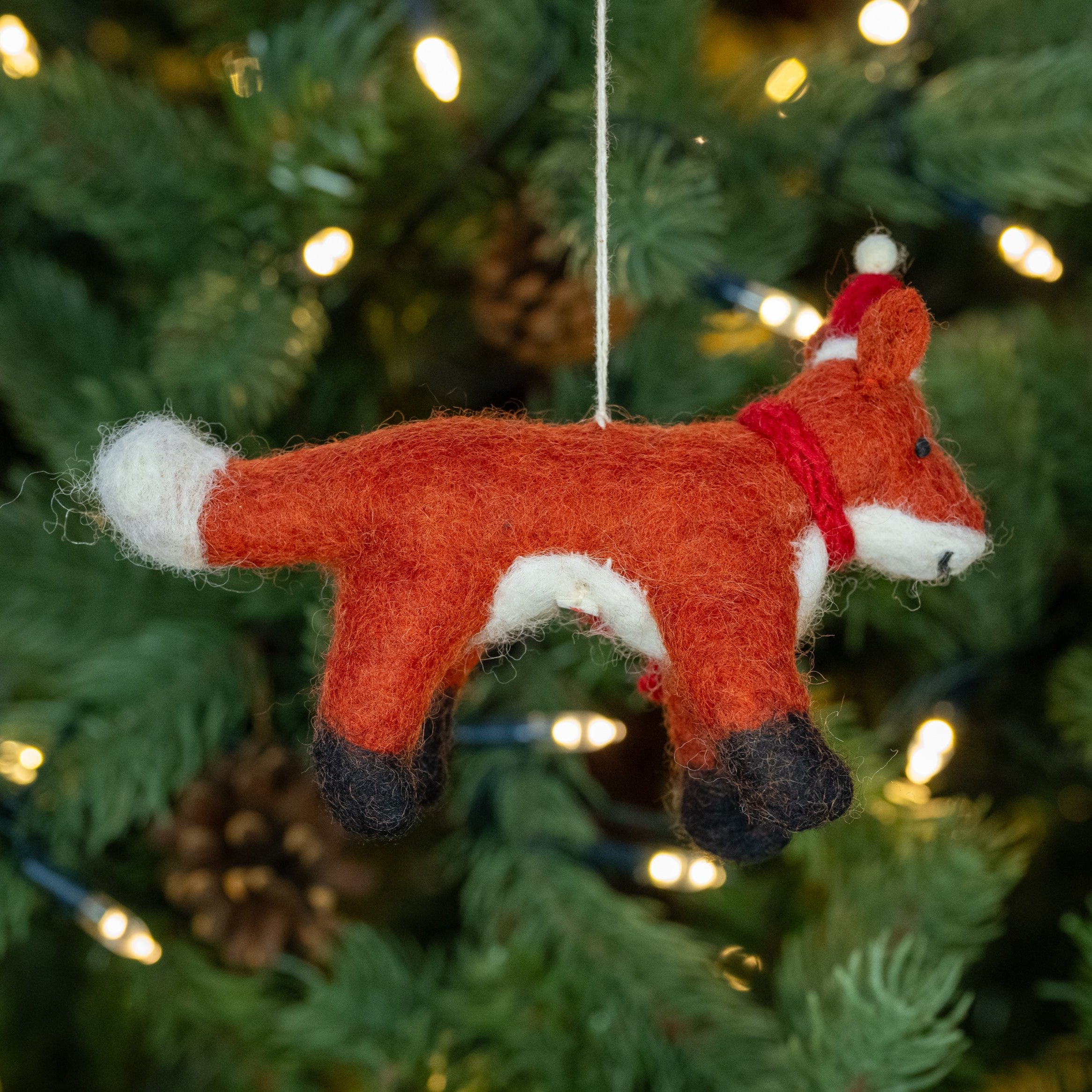 Side view of Fox with Hat and Scarf, Handmade, Fairtrade Christmas Decoration