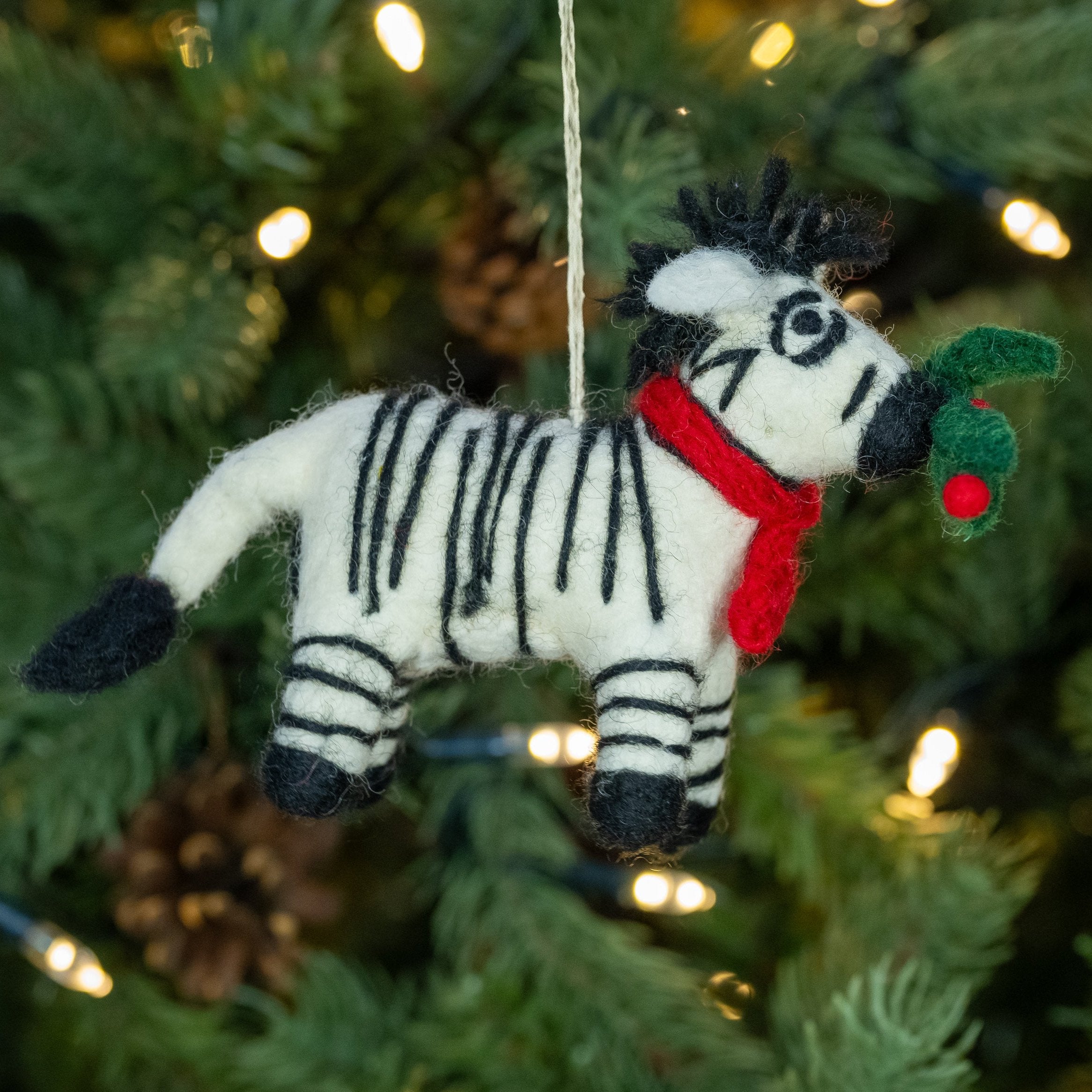 Side of Zebra with Holly Sprig, Handmade, Fairtrade Felt Christmas Decoration