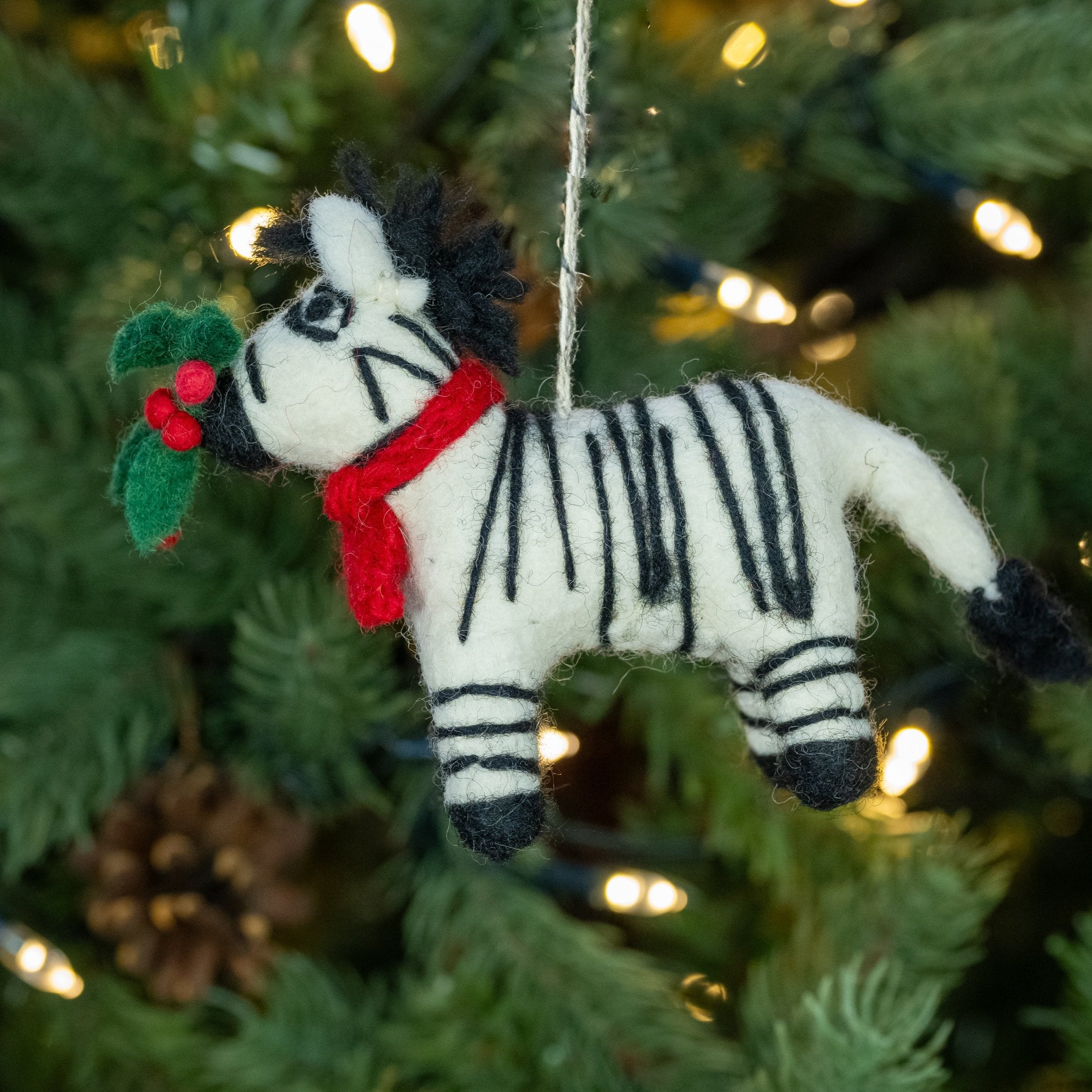 Side of Zebra with Holly Sprig, Handmade, Fairtrade Felt Christmas Decoration