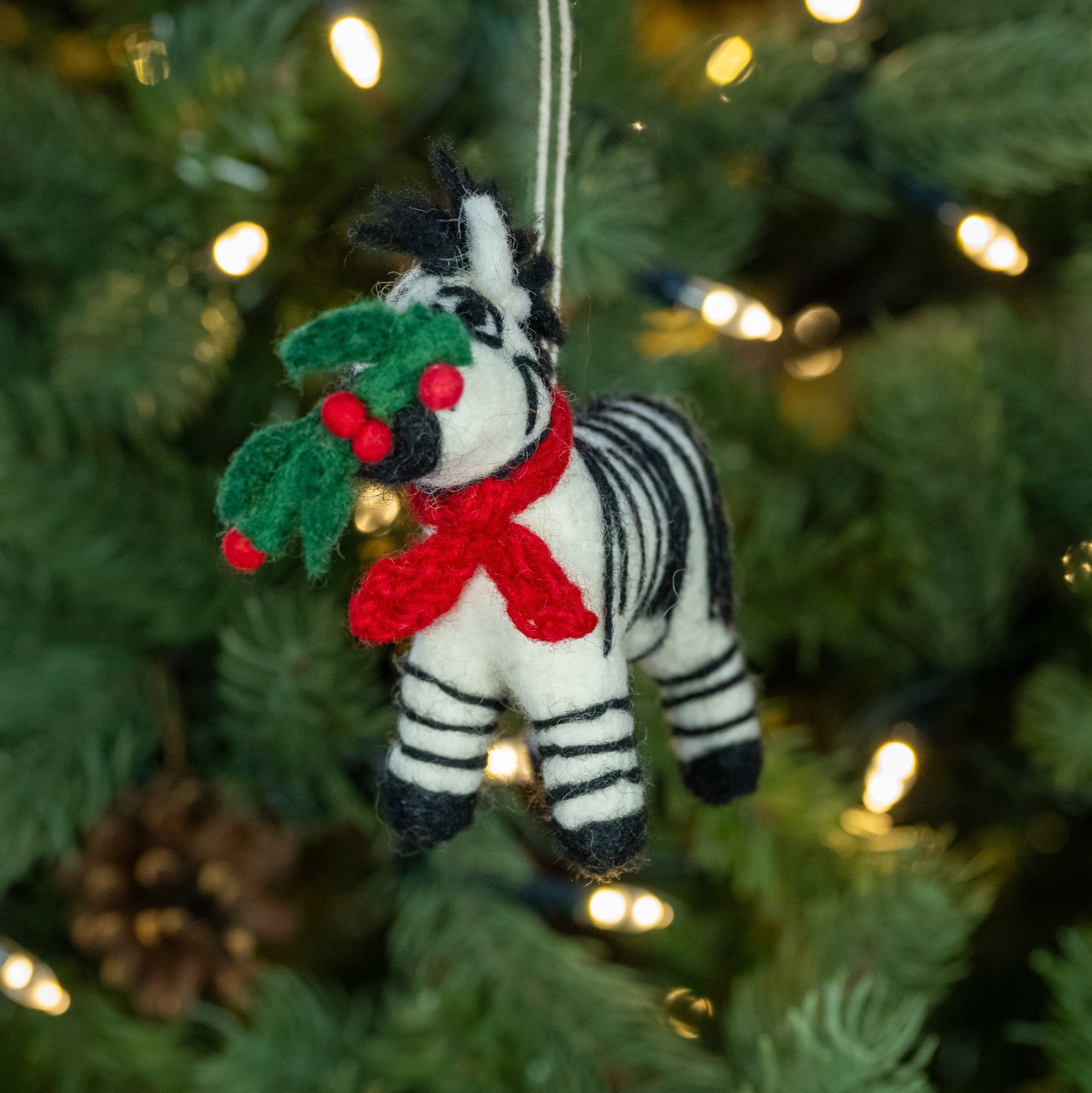 Front of Zebra with Holly Sprig, Handmade, Fairtrade Felt Christmas Decoration