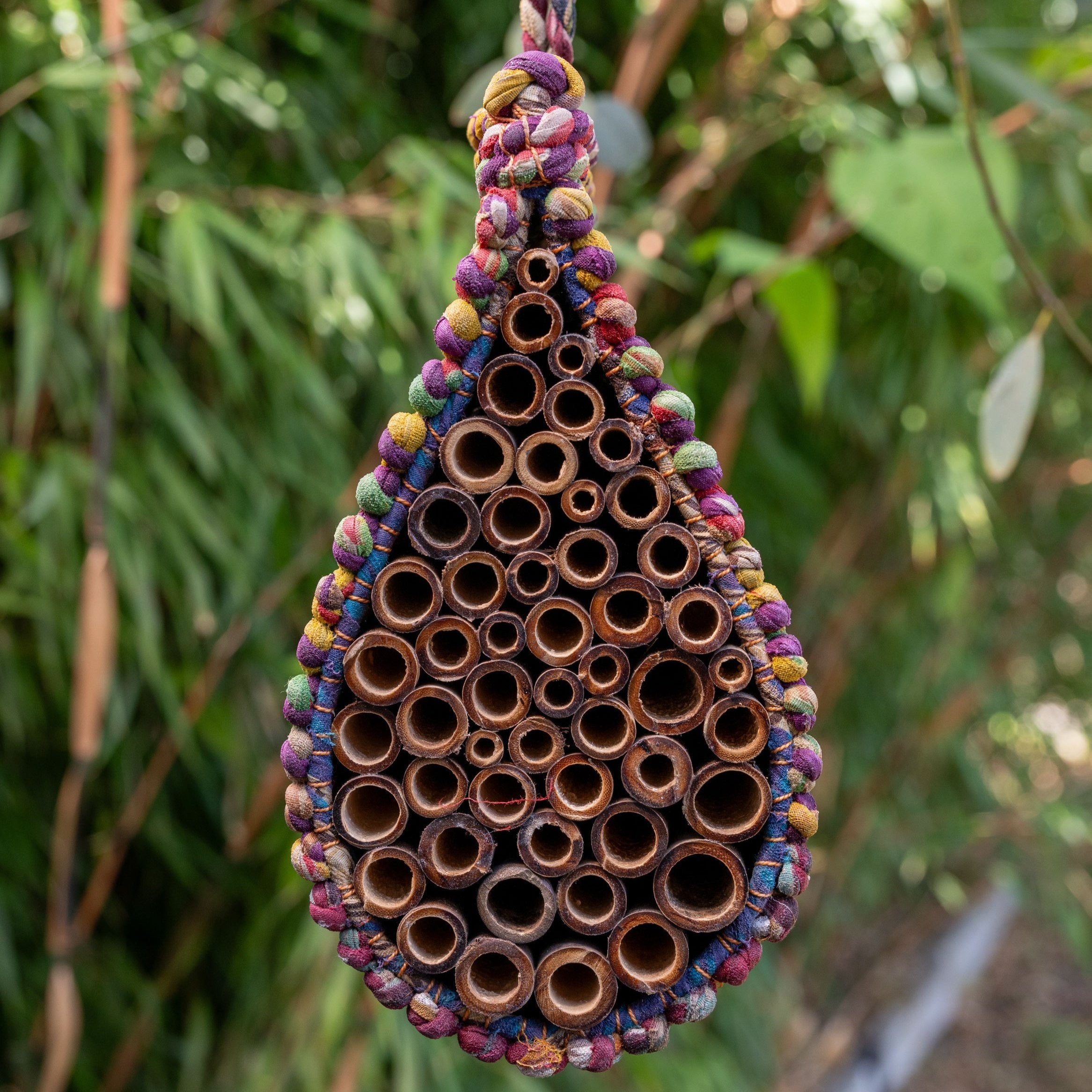 Image of multicoloured Artisan Bee Nester hanging in a tree