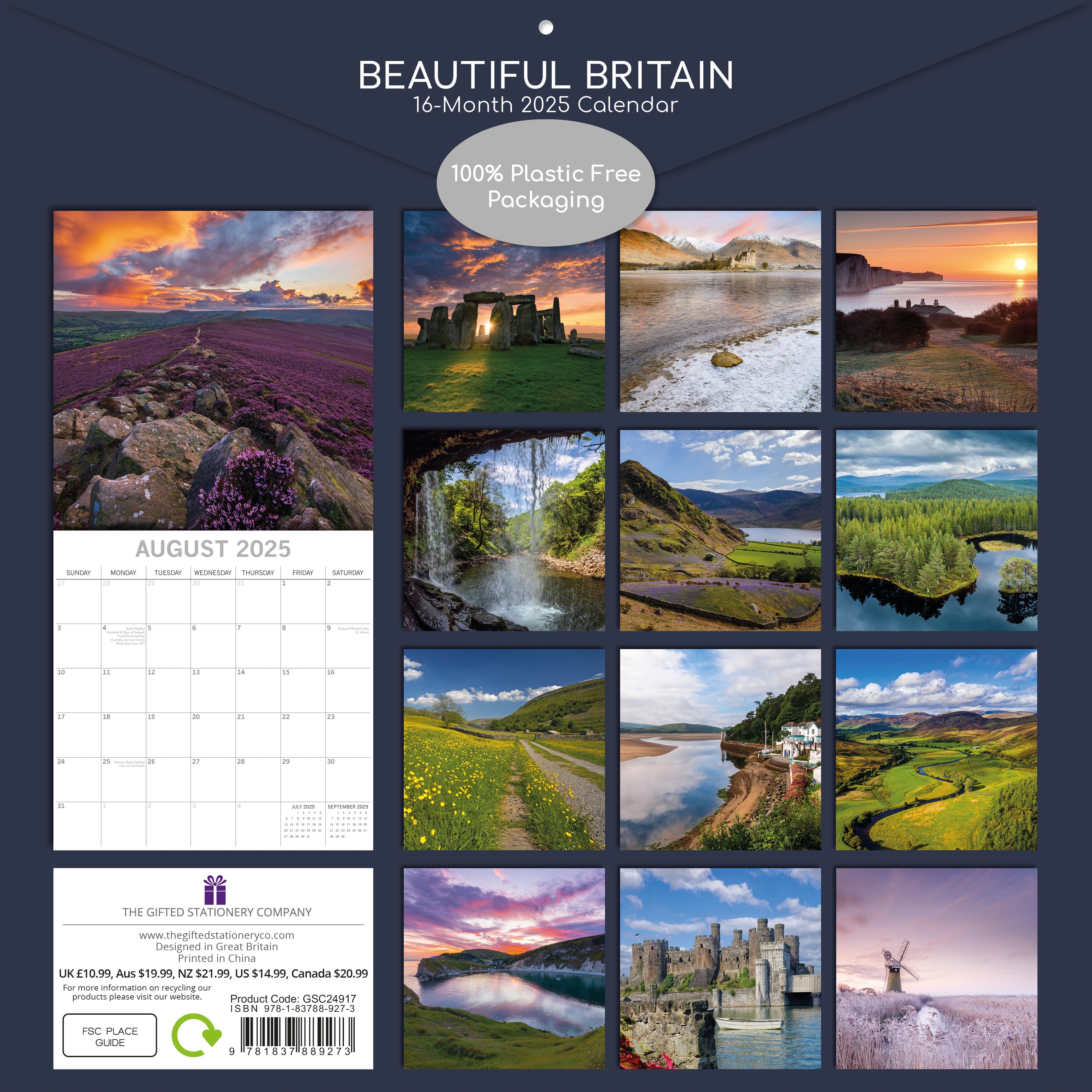 Rear image of beautiful Britain 2025 square wall calendar showing all photographic images