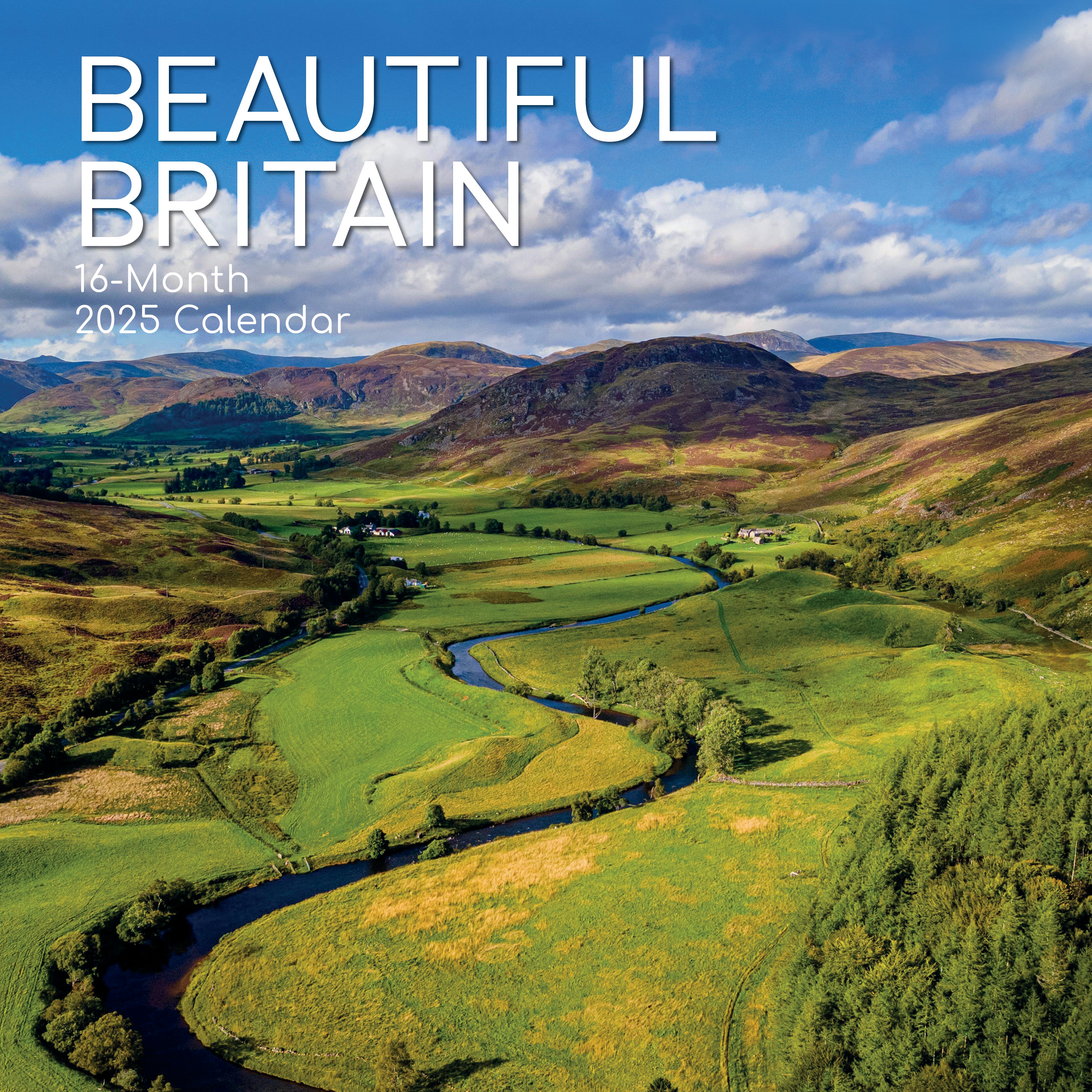 Front image of beautiful Britain 2025 square wall calendar showing photographic image of green landscape