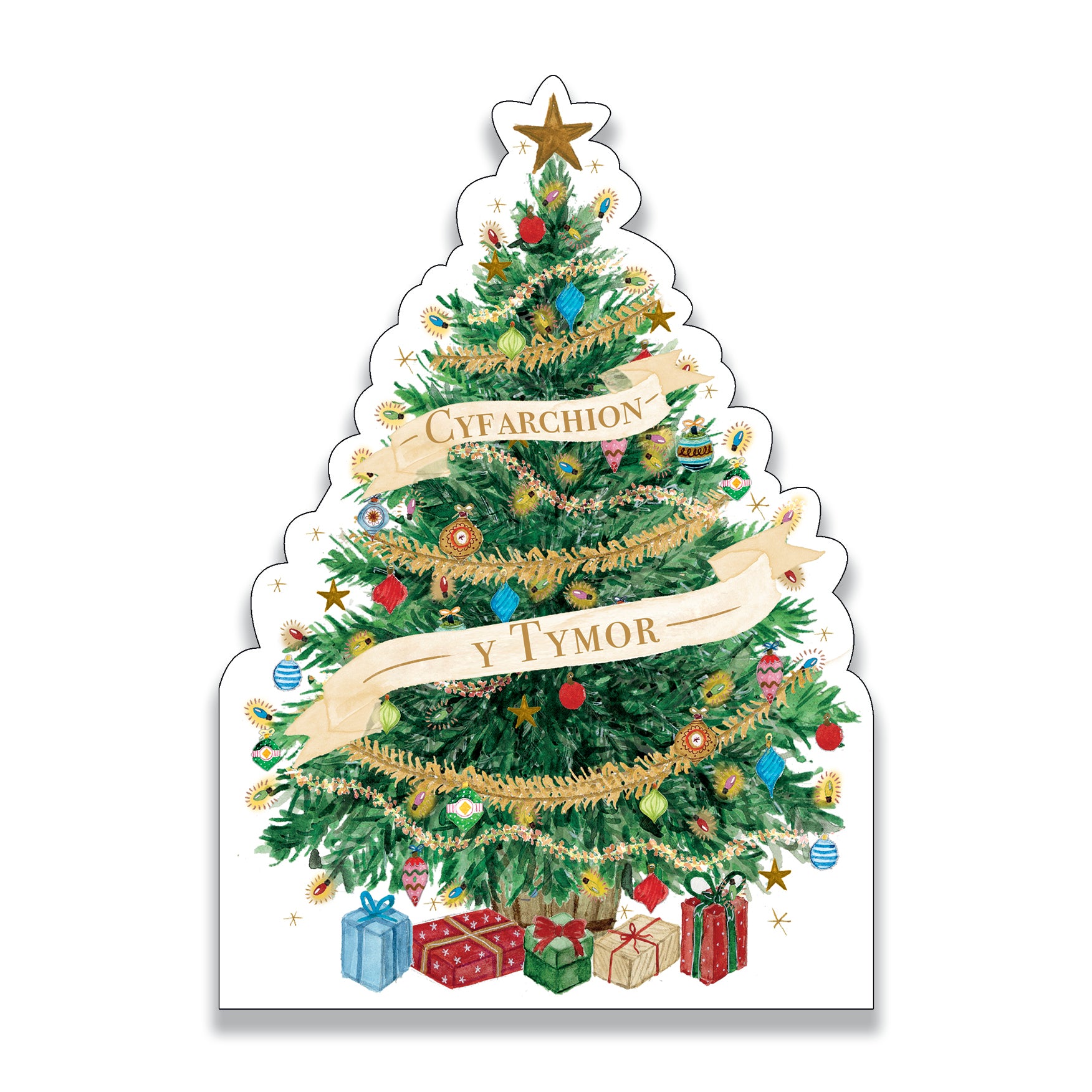 Welsh Christmas Tree | Bilingual Pack of 10 charity Christmas cards with envelopes