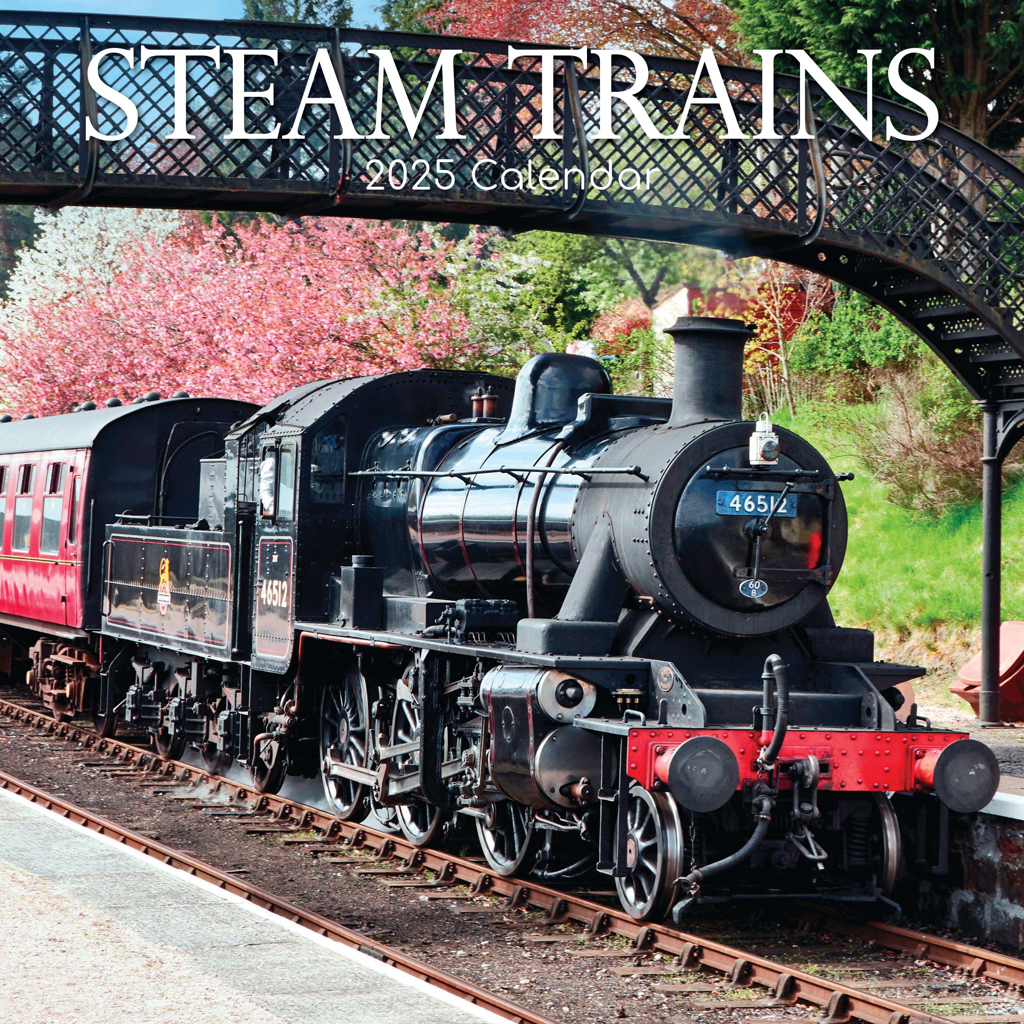 Front image of Steam trains 2025 square wall calendar showing an image of a steam train