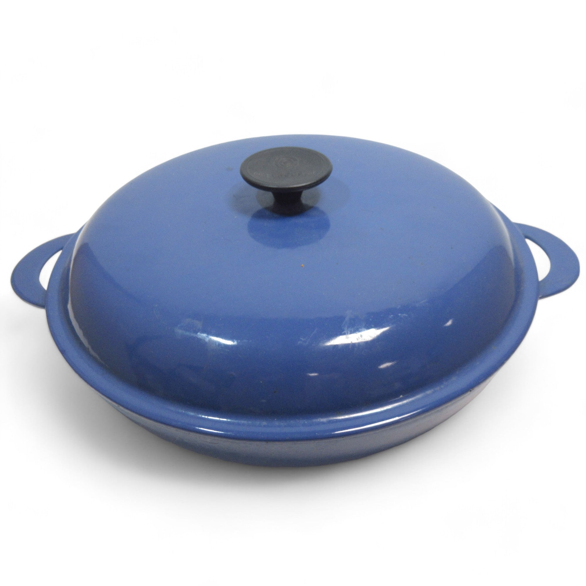 Side image of Le Creuset #30 Cast Iron Braiser Pan Lidded Blue France