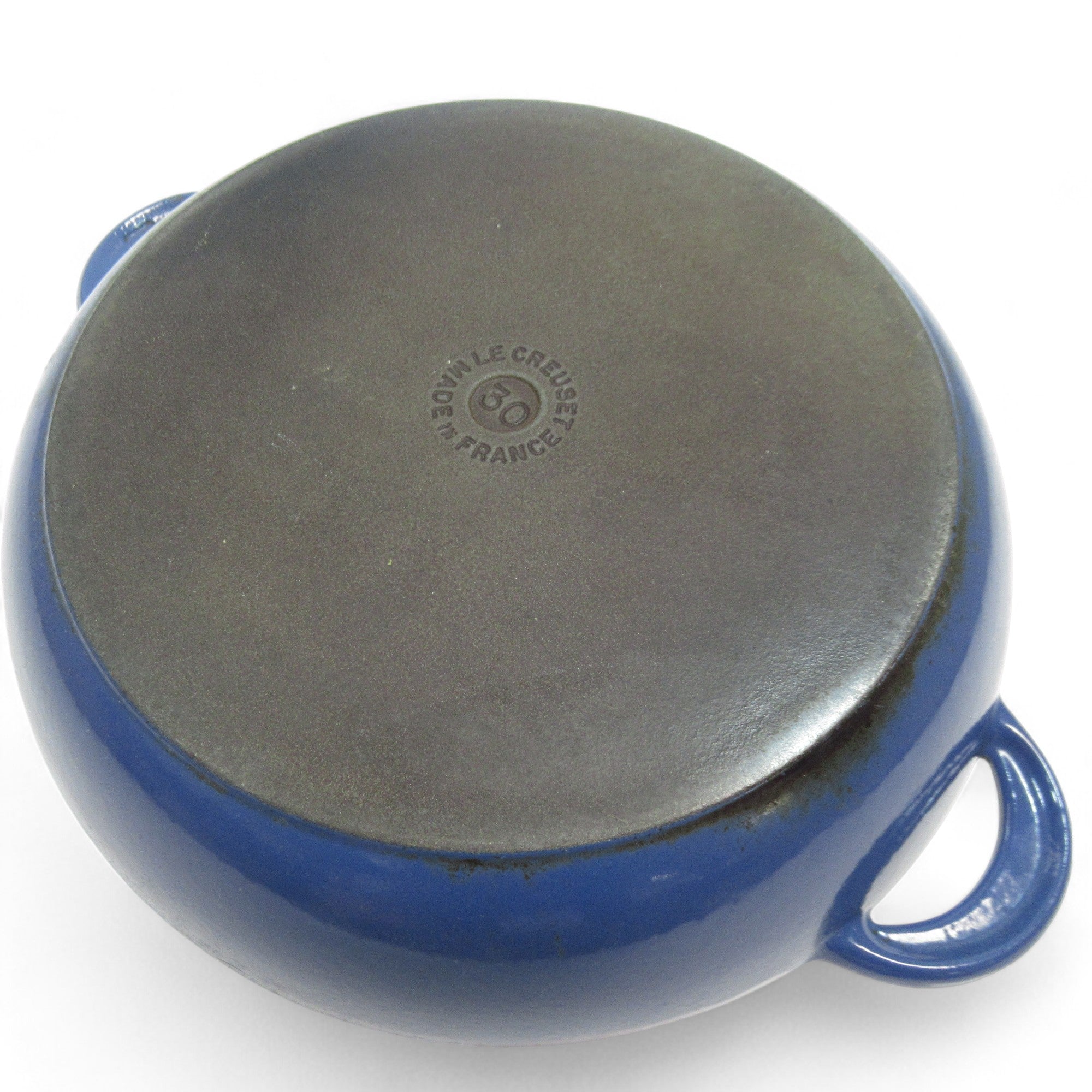 Underside image of Le Creuset #30 Cast Iron Braiser Pan Lidded Blue France