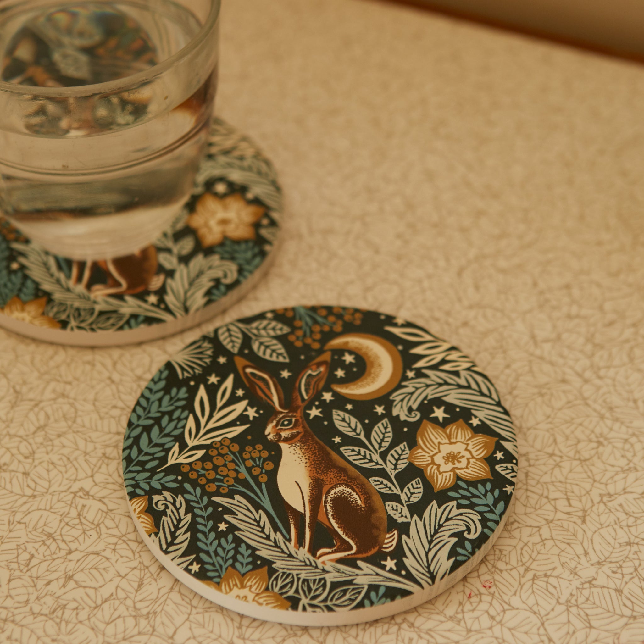 Folk Hare set of 2 ceramic coasters