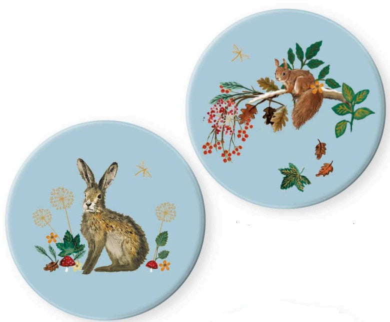 Woodland Hare and Squirrel design set of two ceramic coasters