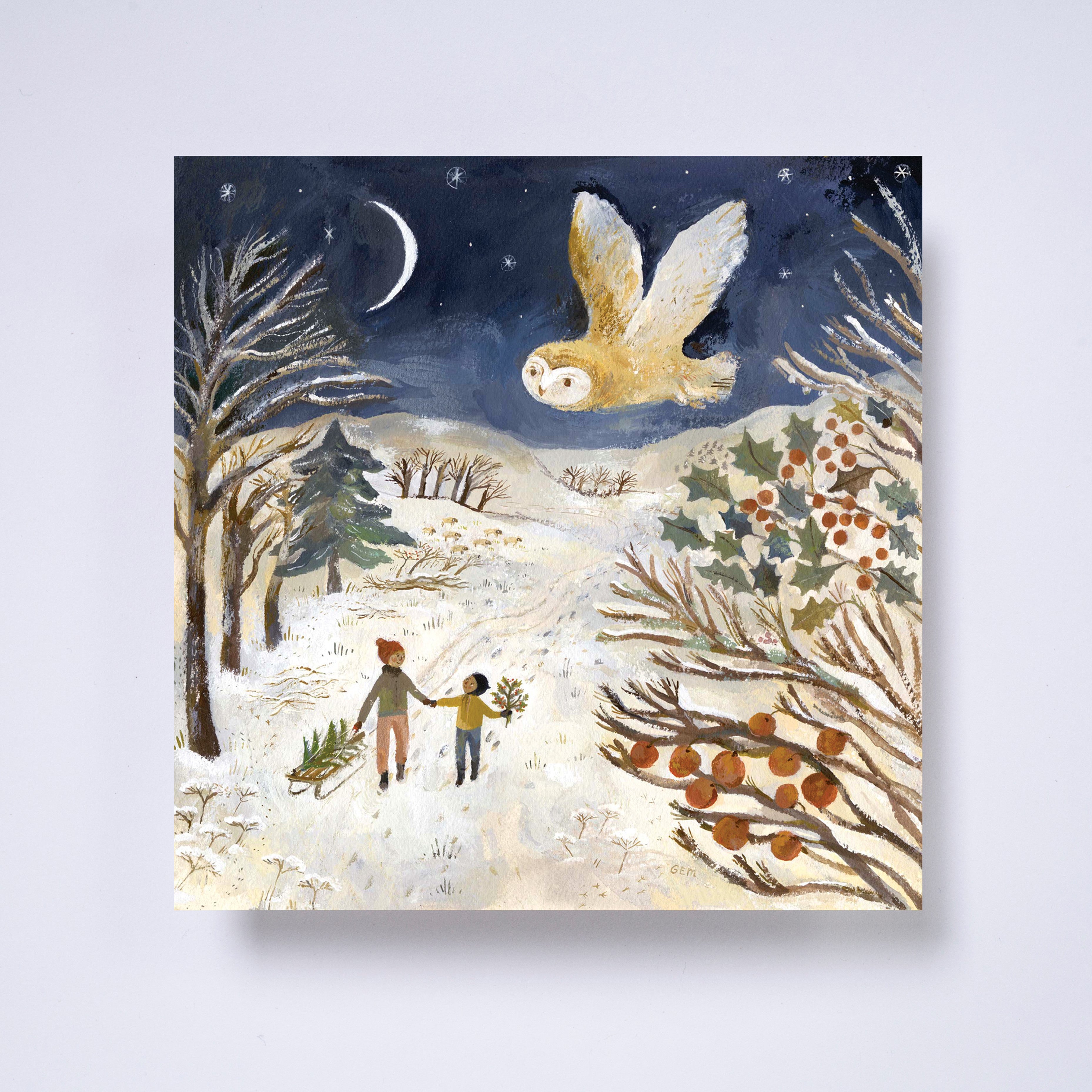 Moonlit walk Welsh/English bilingual - pack of 10 charity Christmas cards with envelopes