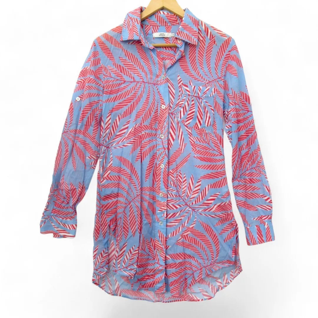 front image for 0039 Italy Blouse Shirt Blue Red Tropic Botanical Pattern Medium | Pre-loved