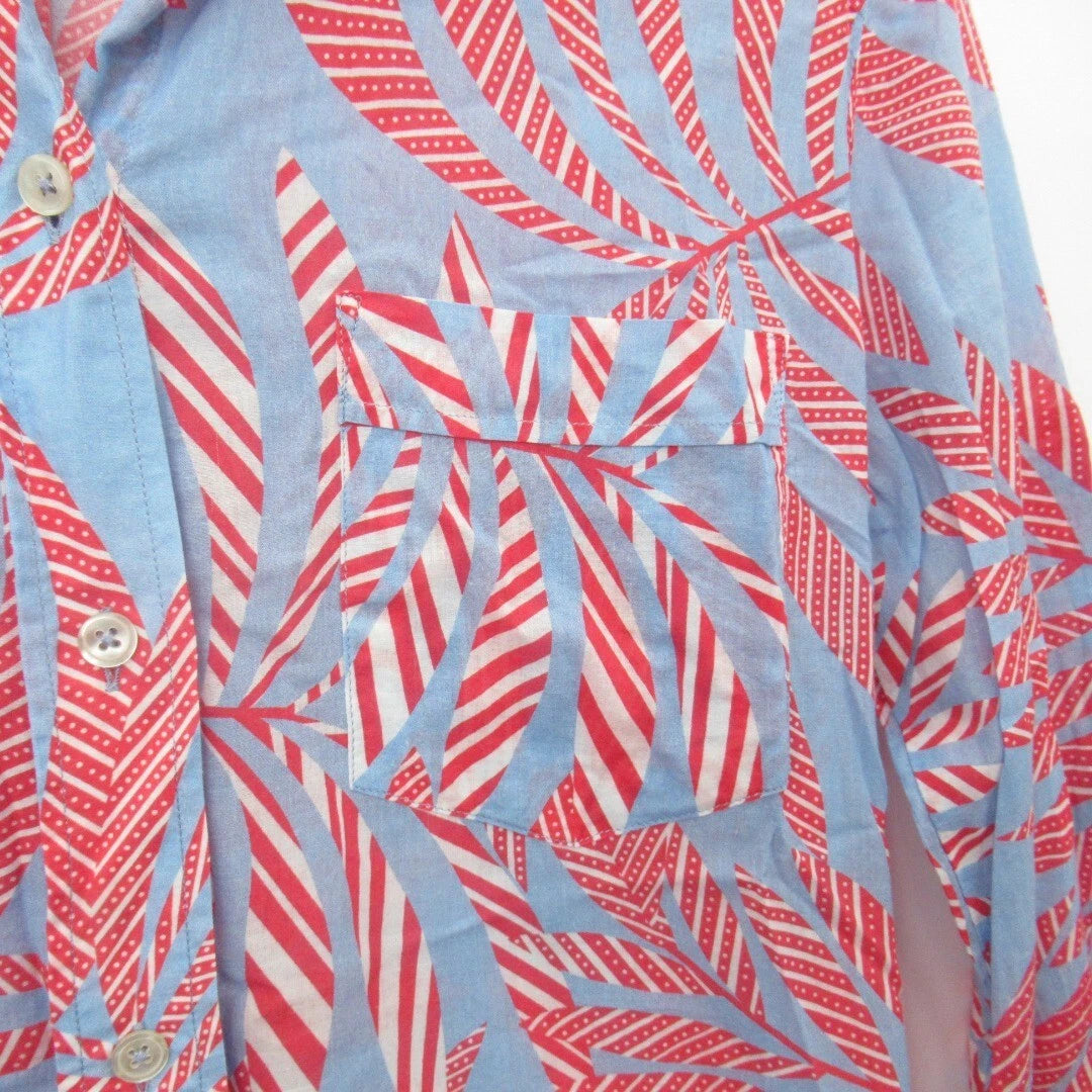 close up image for 0039 Italy Blouse Shirt Blue Red Tropic Botanical Pattern Medium | Pre-loved