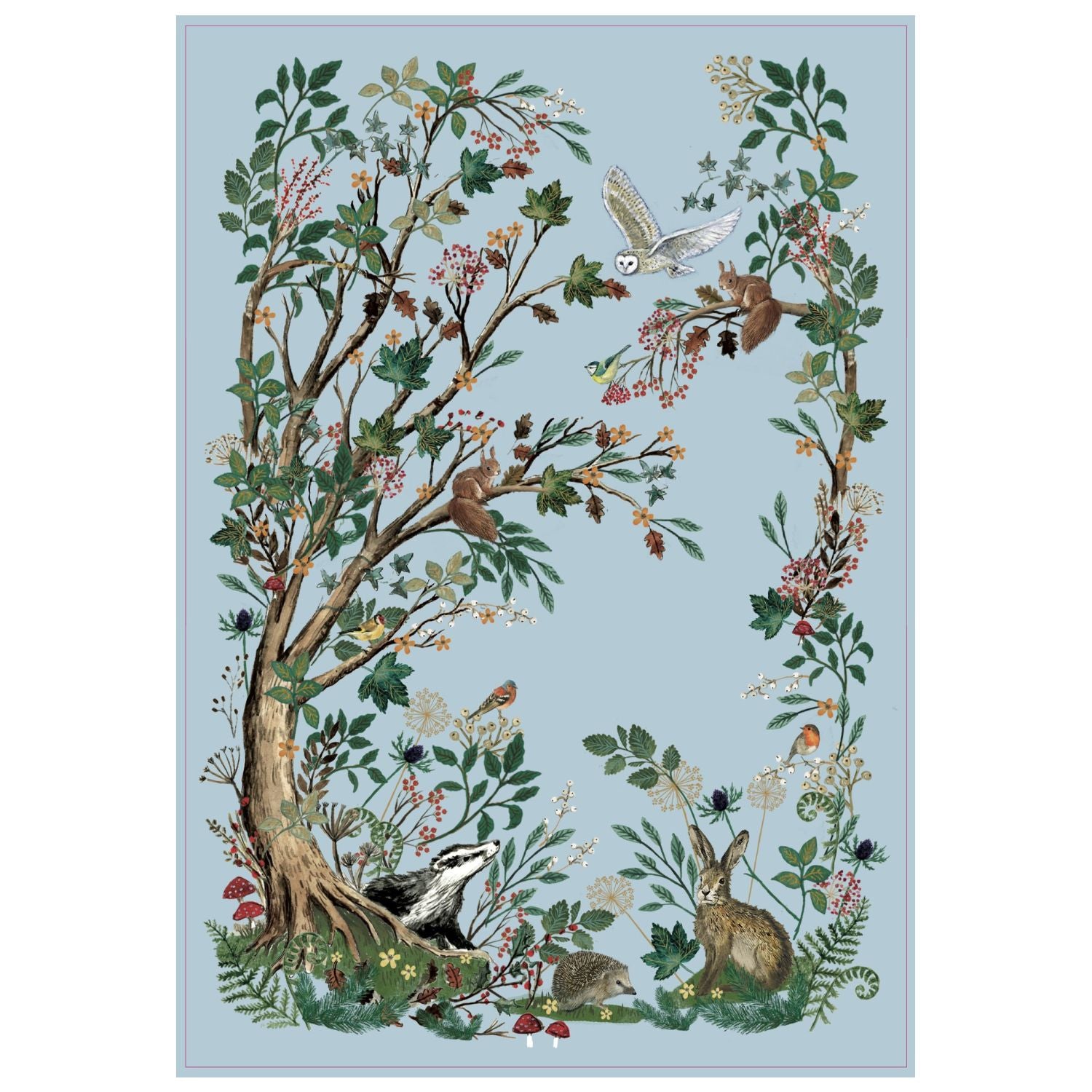 Decorative panel with nature-themed design featuring trees, animals, and flowers on a light blue background.