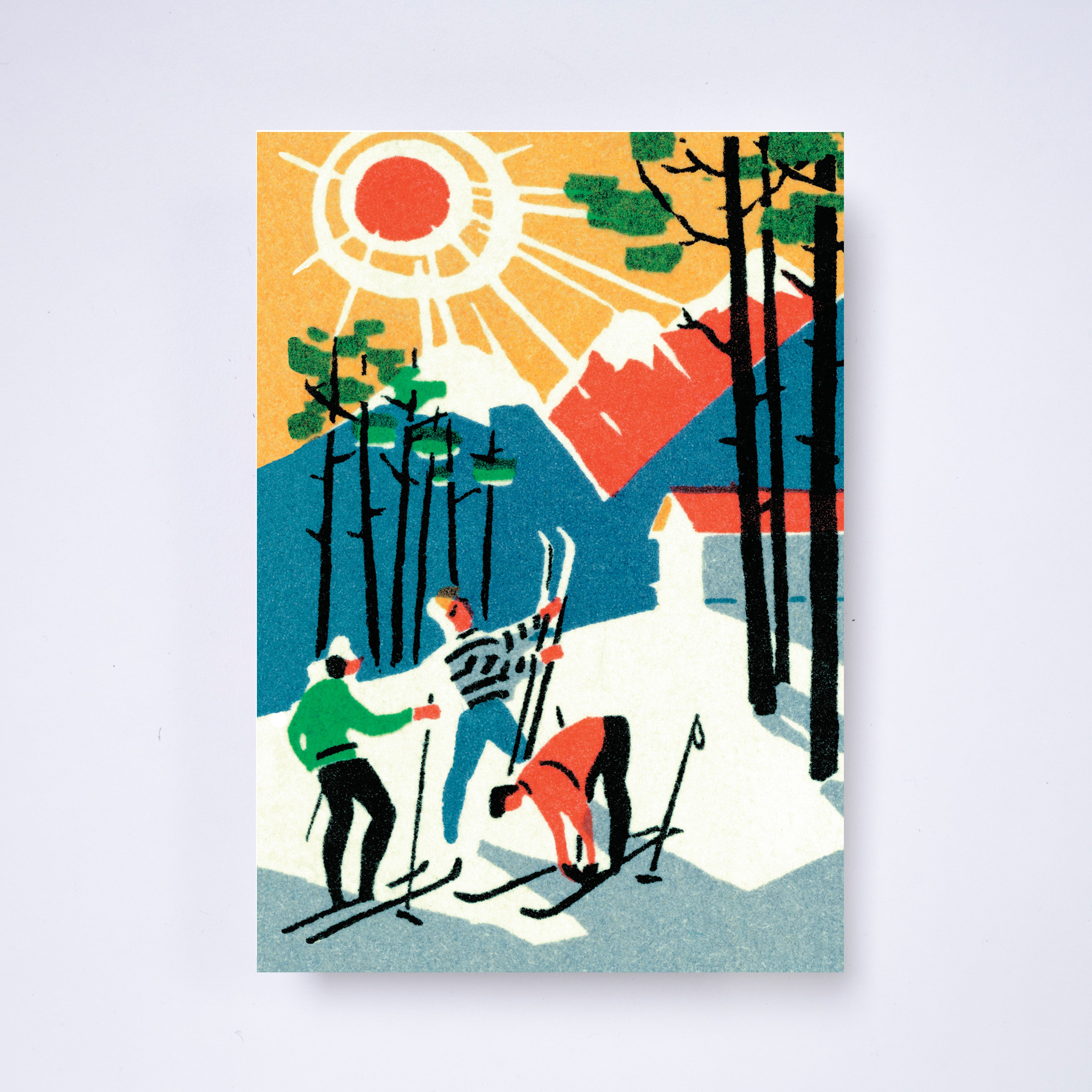 Winter skiers - pack of 10 charity Christmas cards with envelopes