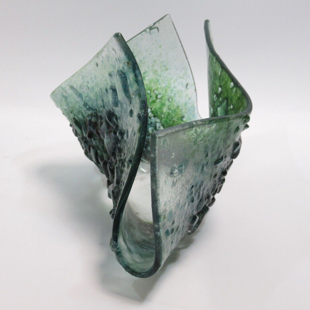 Art Glass Green Folded Handkerchief Candle Holder - Mottled Decorative Glass
