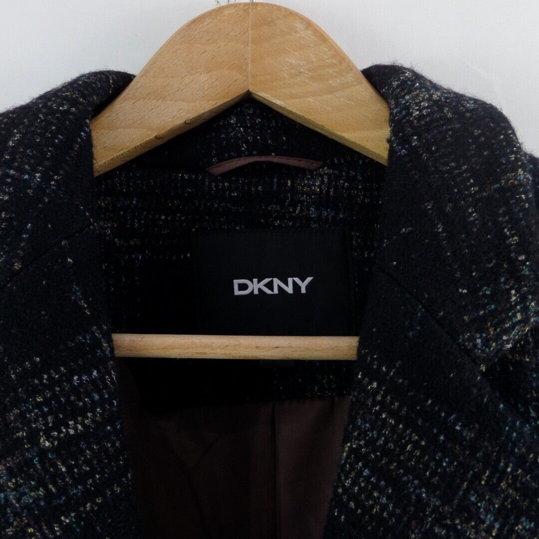 DKNY Overcoat 44in Bust Wool Blend Winter Women Black Multicoloured Pattern