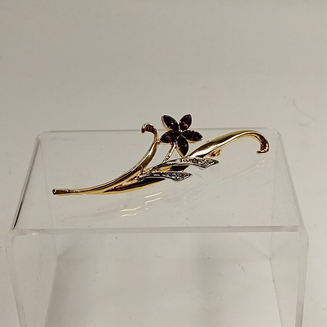 Gold-Tone Brooch Flower Leaf Purple & White Gemstones Unbranded Jewellery