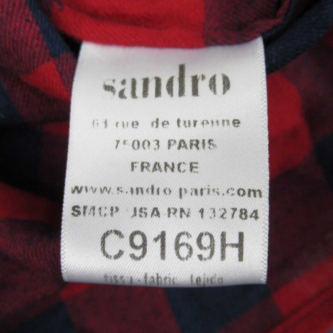 Sandro Blouse Small Size 1 Red Blue Check Diamante Collar Cotton Silk Blouse