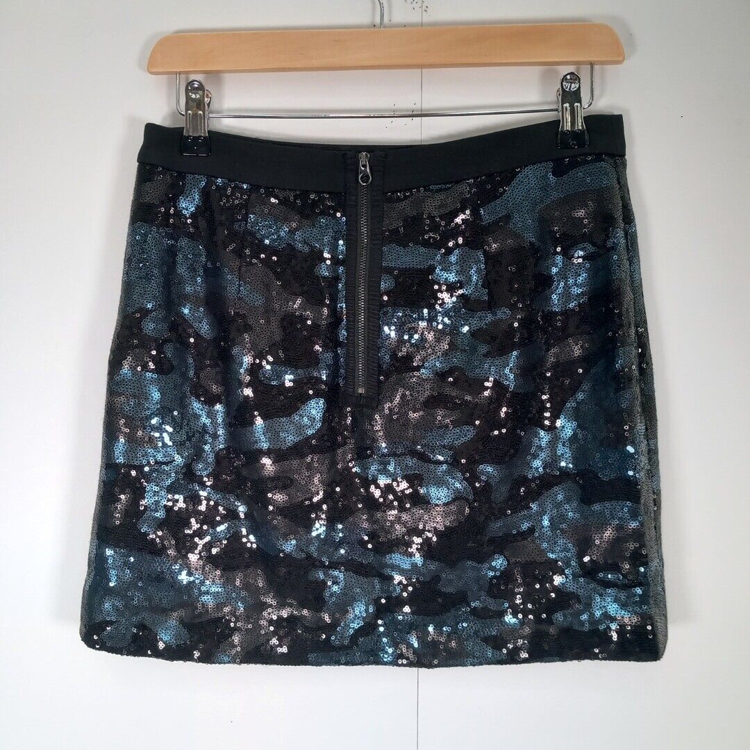 Ted Baker S Mini Skirt Blue Black Camouflage Pattern Sequined Party Going Out