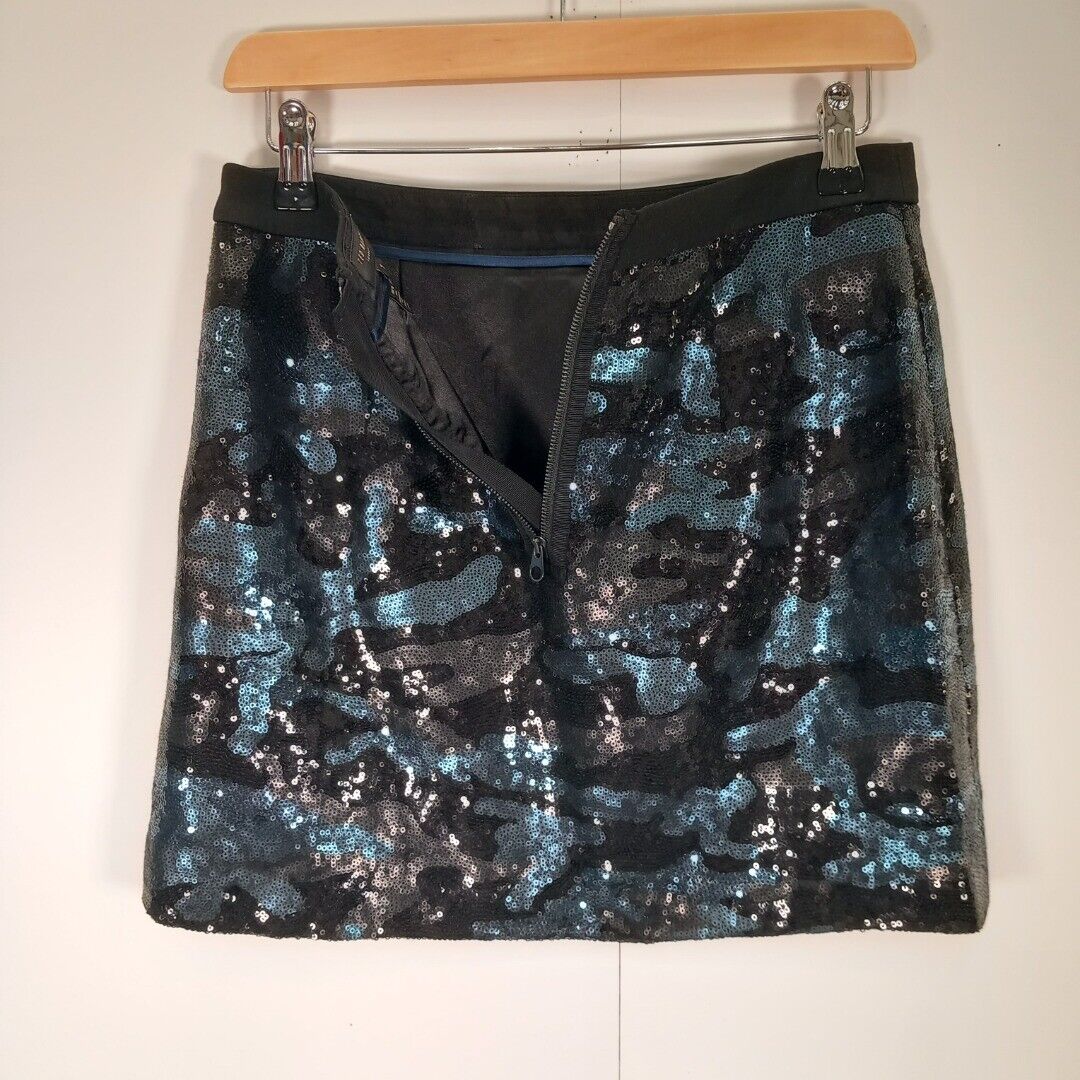 Ted Baker S Mini Skirt Blue Black Camouflage Pattern Sequined Party Going Out