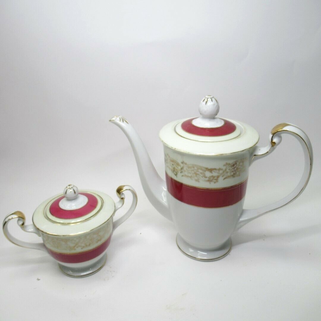 Tokyo China Coffee Pot & Sugar Bowl Lidded White Red Gold Tone Floral Japanese