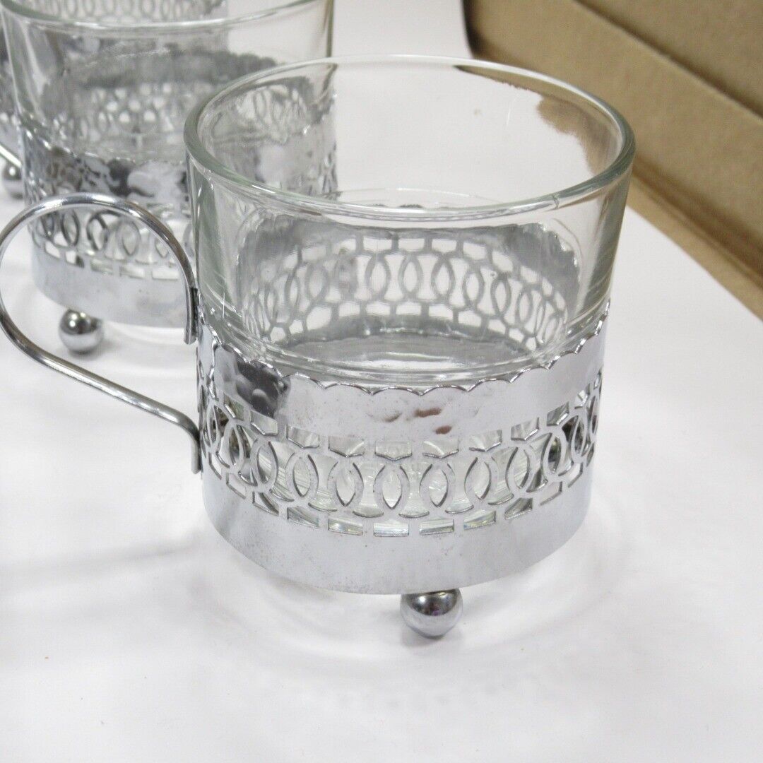 Vintage Duralex Toddy Glasses Filigree Coffee Cups & Silver Plated Serving Tray