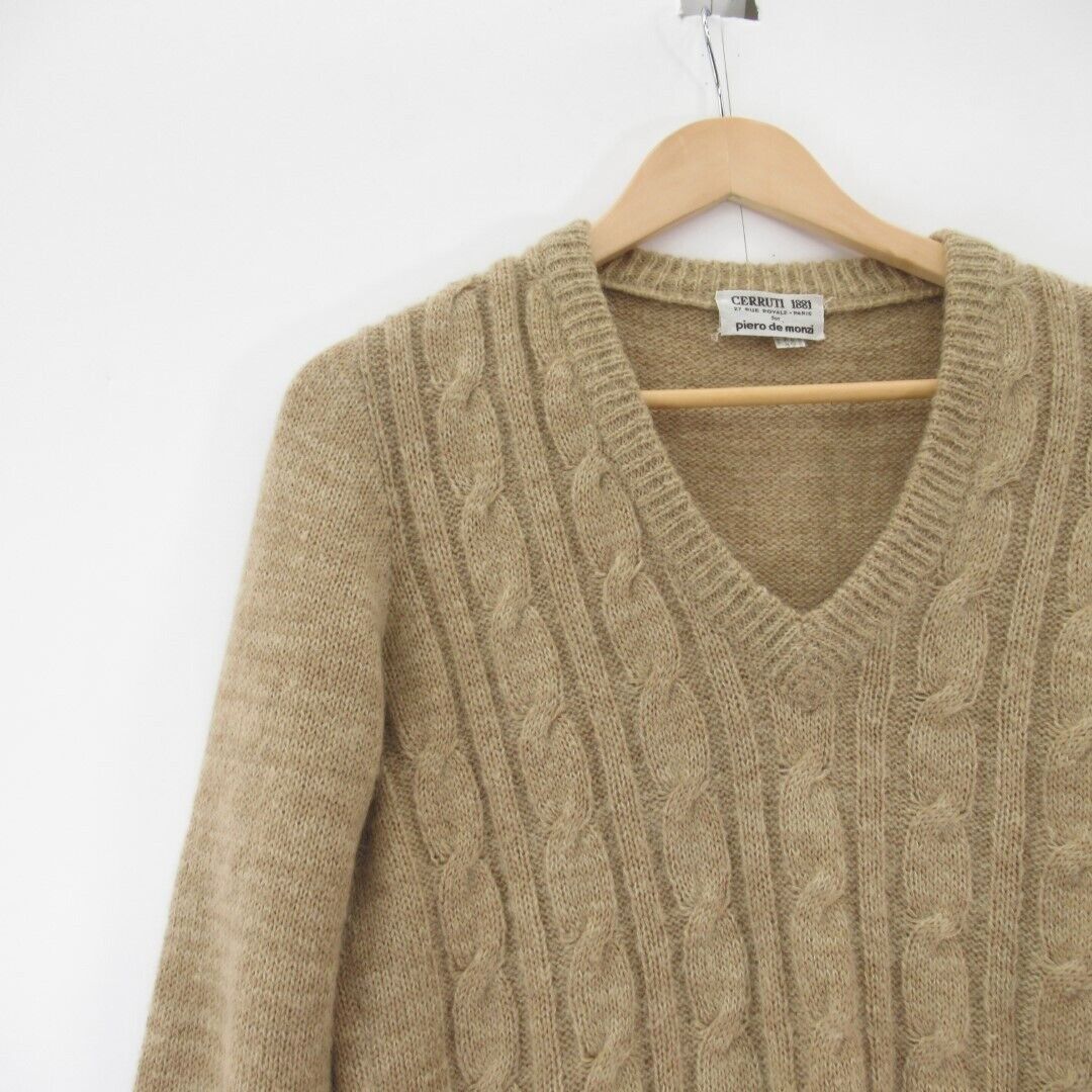 Cerruti 1881 Cable Knit Jumper Ladies UK 16 Camel Designer V Neck Wool