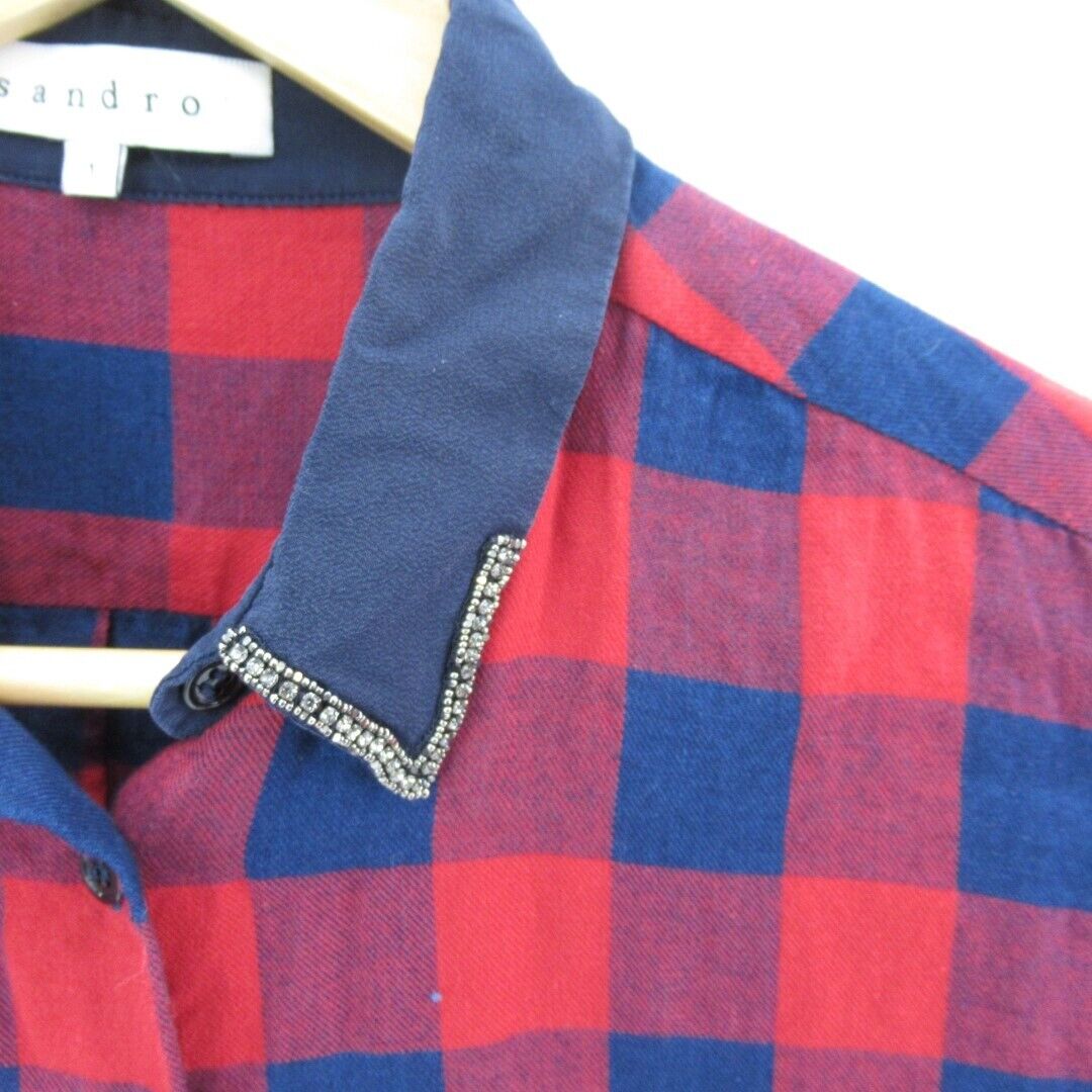 Sandro Blouse Small Size 1 Red Blue Check Diamante Collar Cotton Silk Blouse