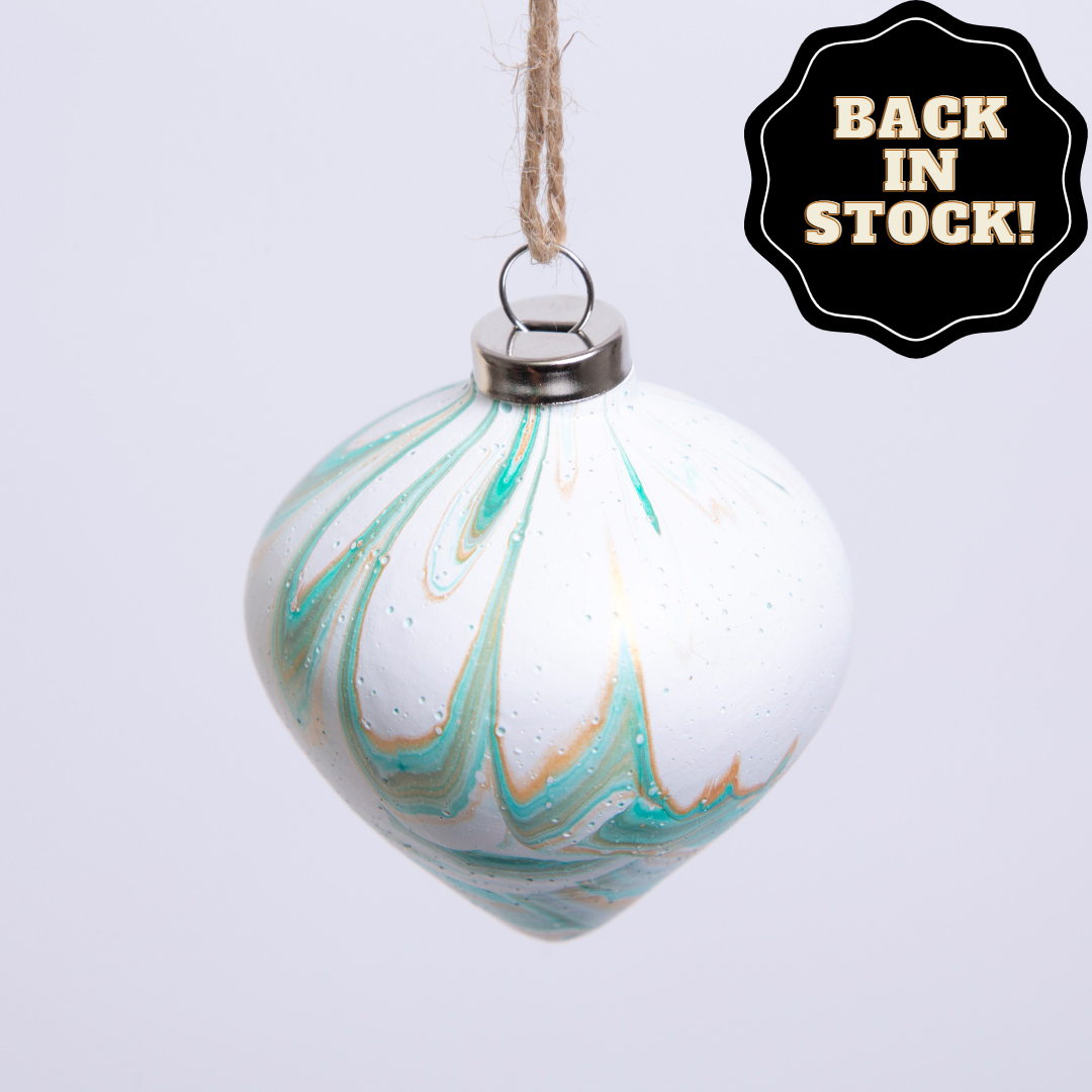 Designed by Refugees 'Happiness' White & Green Hand Painted Ceramic Bauble - Diamond Shape