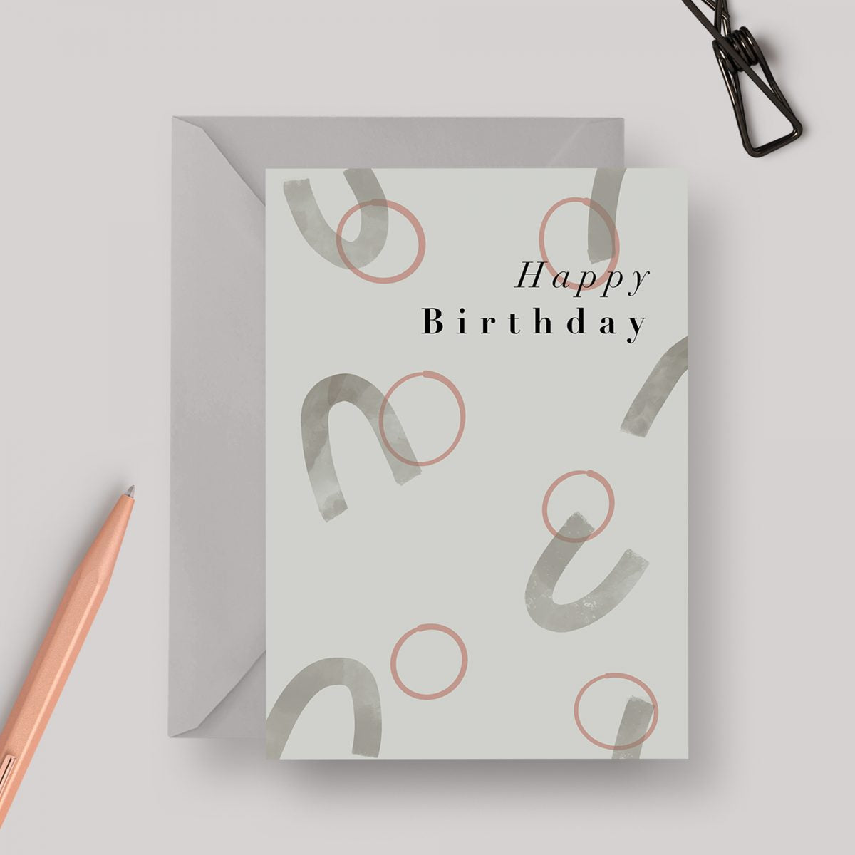 Happy Birthday Circles Abstract A6 greeting card with grey envelope