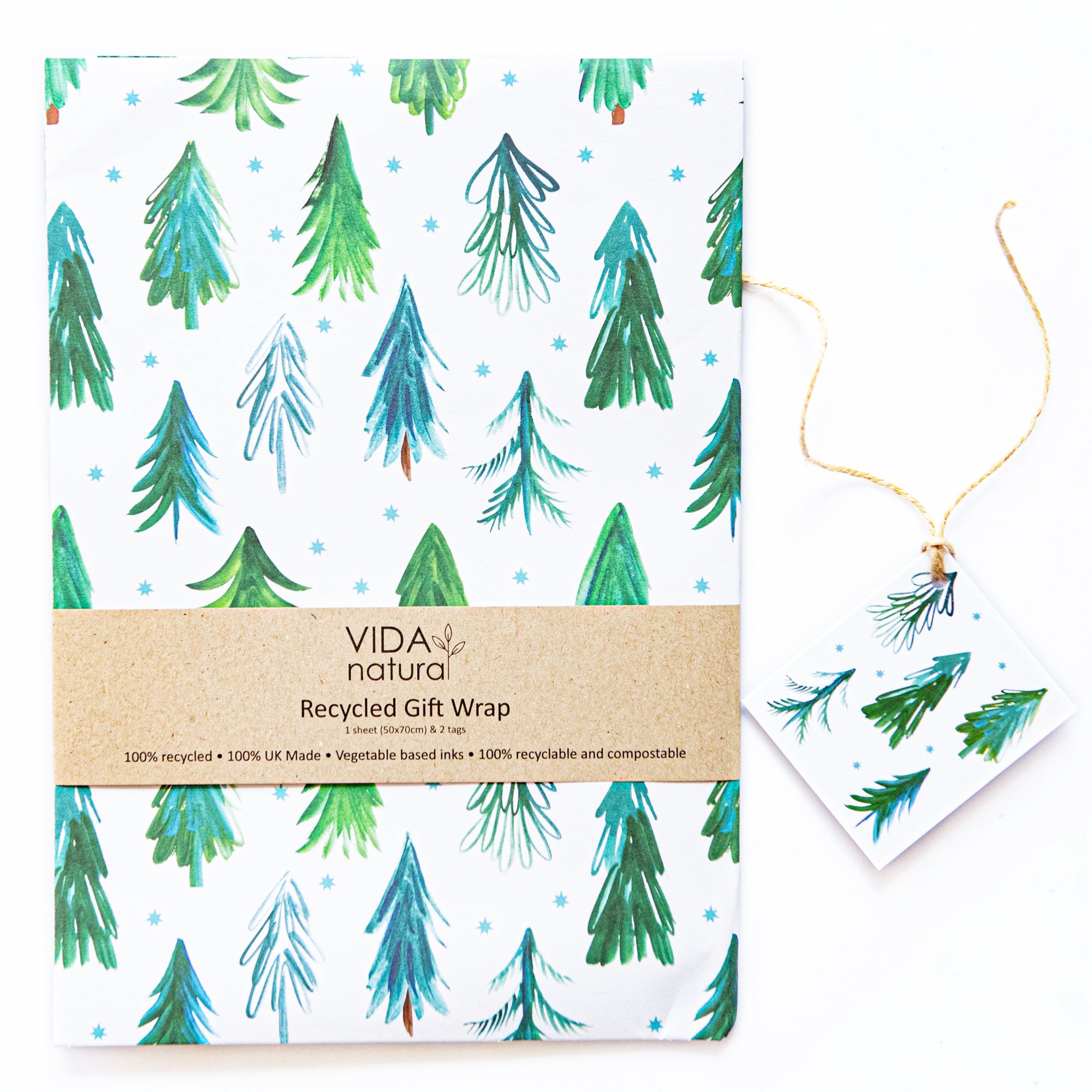 Green Trees Recycled Christmas Wrapping Paper With Matching Gift Tags