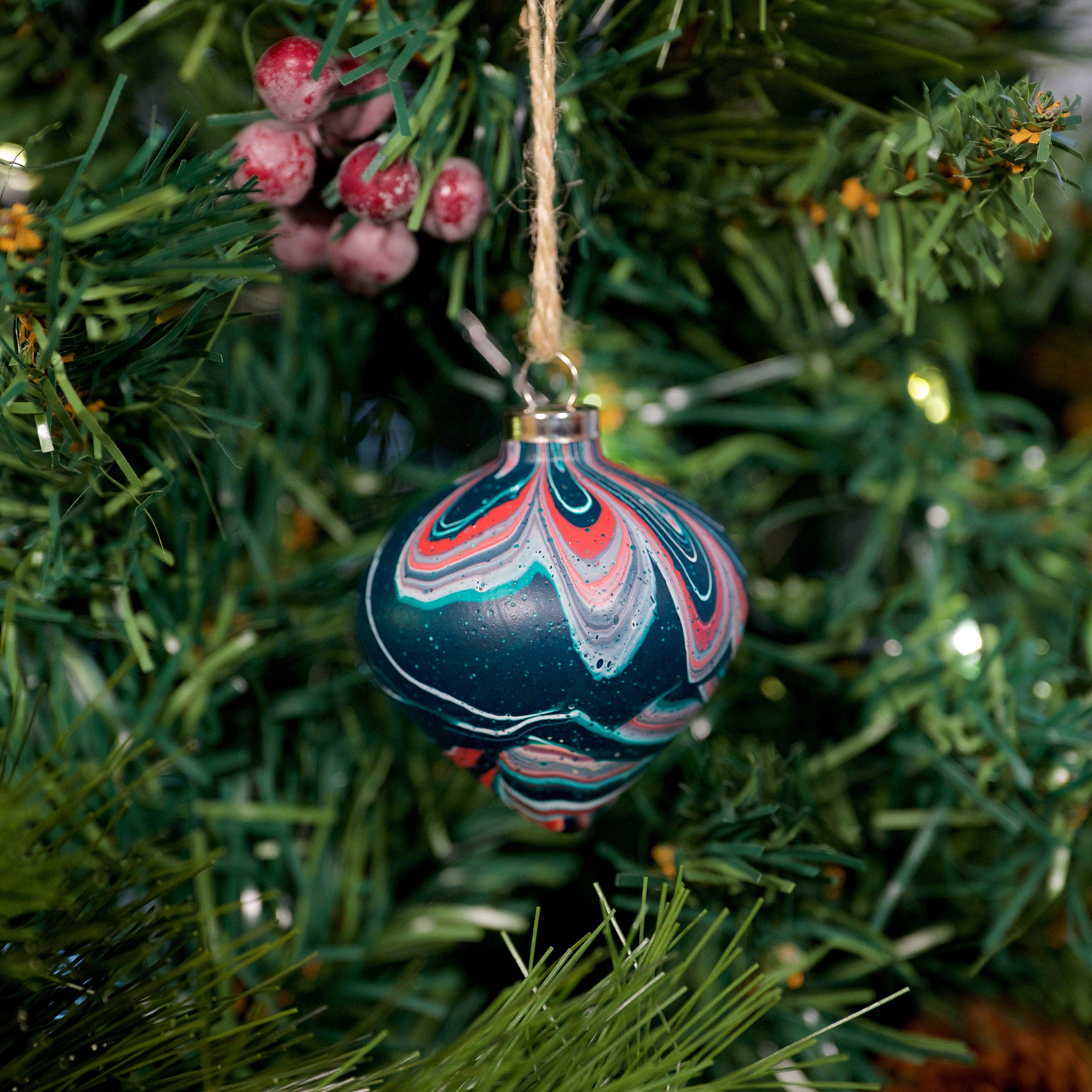 'Purity of Light' Green & Red Hand Painted Ceramic Bauble - Diamond Shape