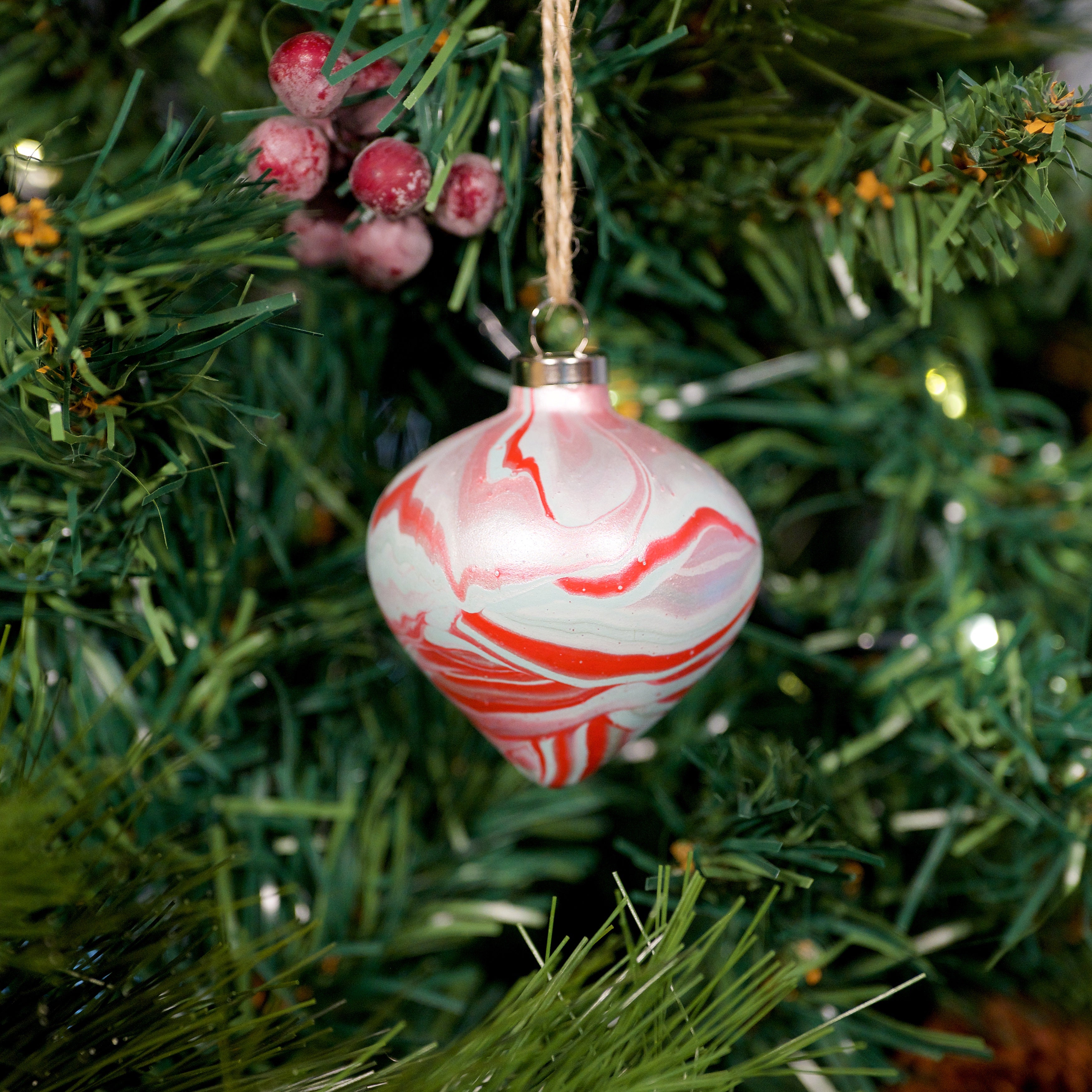 Silver & Red Hand Painted Ceramic Bauble - Diamond Shape