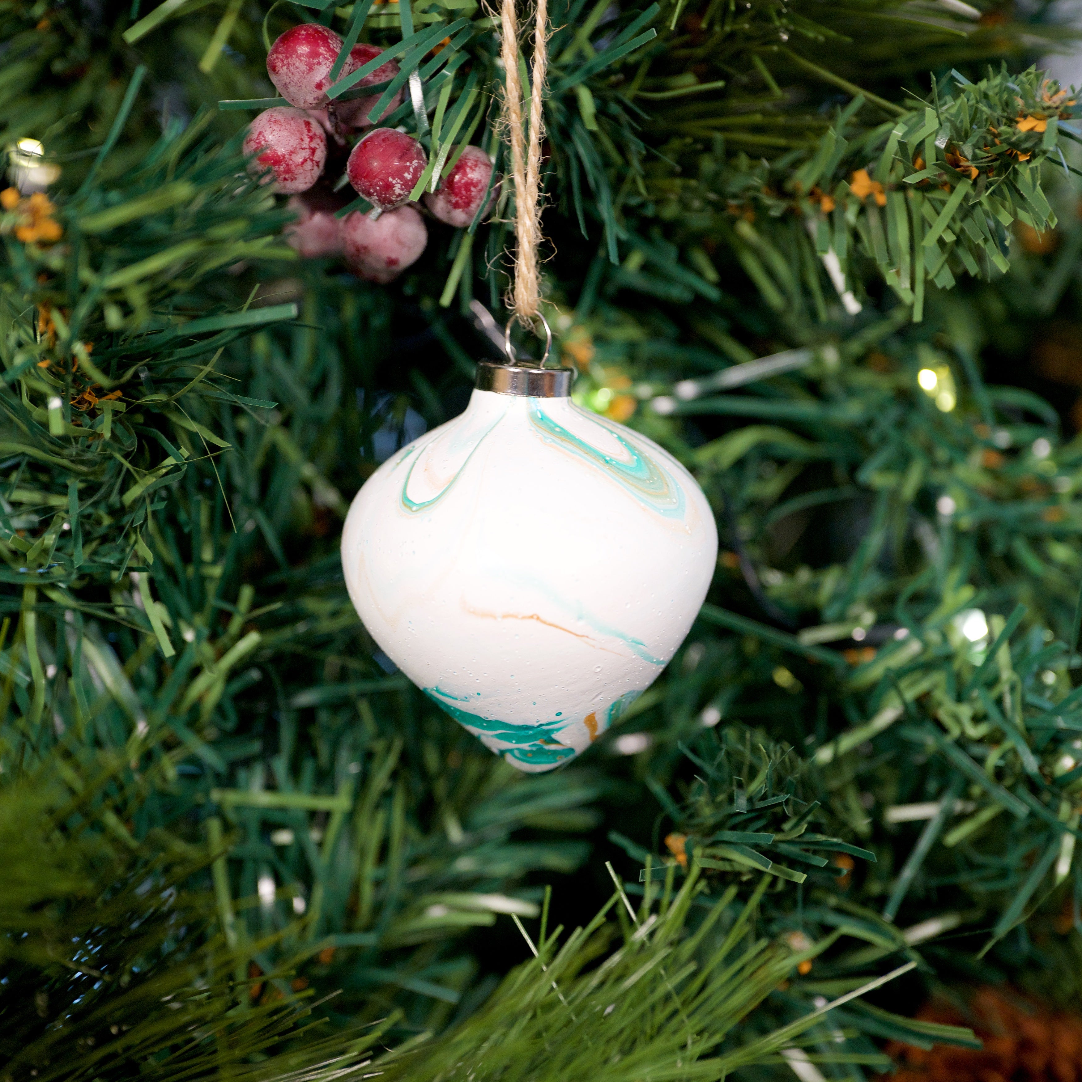 Designed by Refugees 'Happiness' White & Green Hand Painted Ceramic Bauble - Diamond Shape