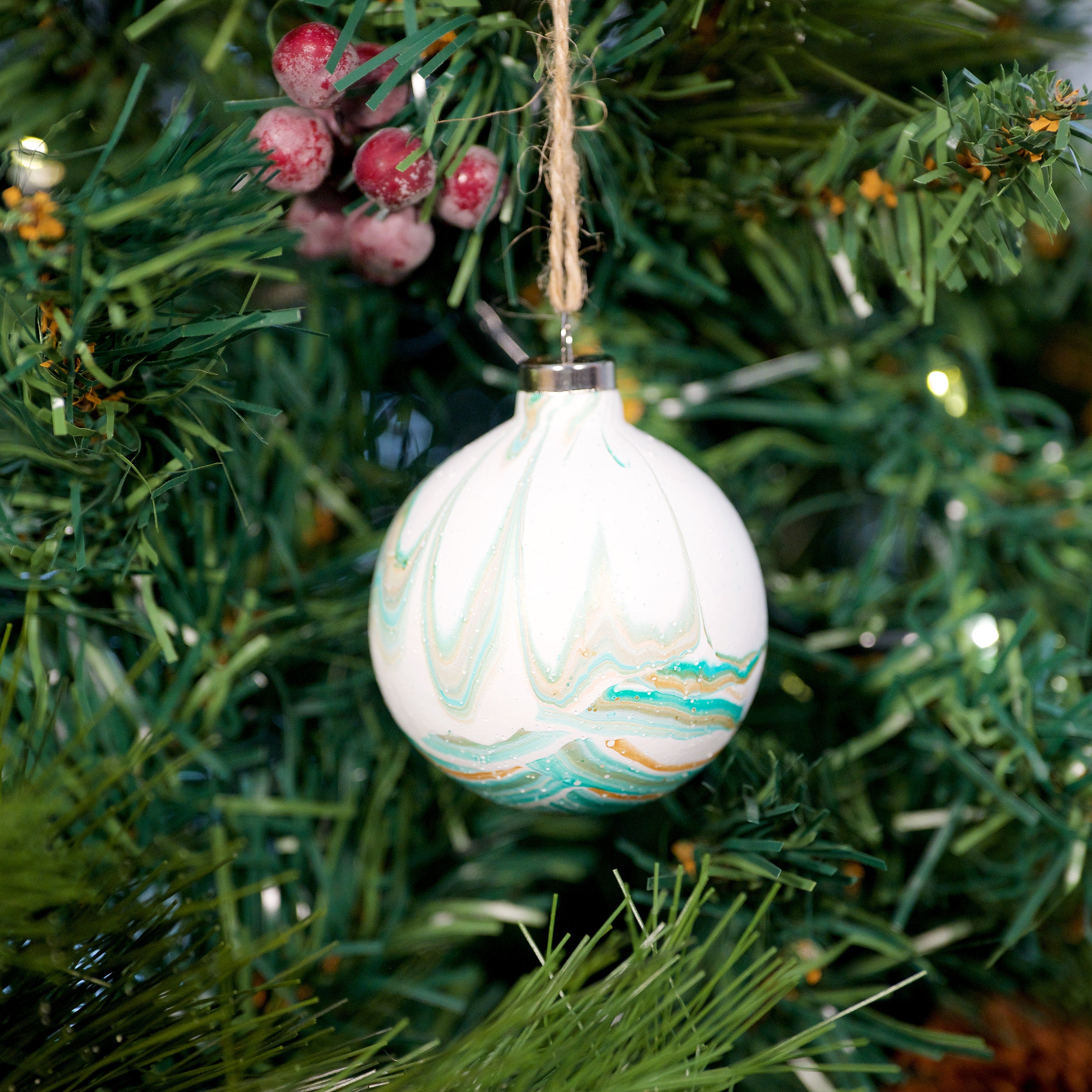 'Happiness' White & Green Hand Painted Ceramic Bauble - Round Shape